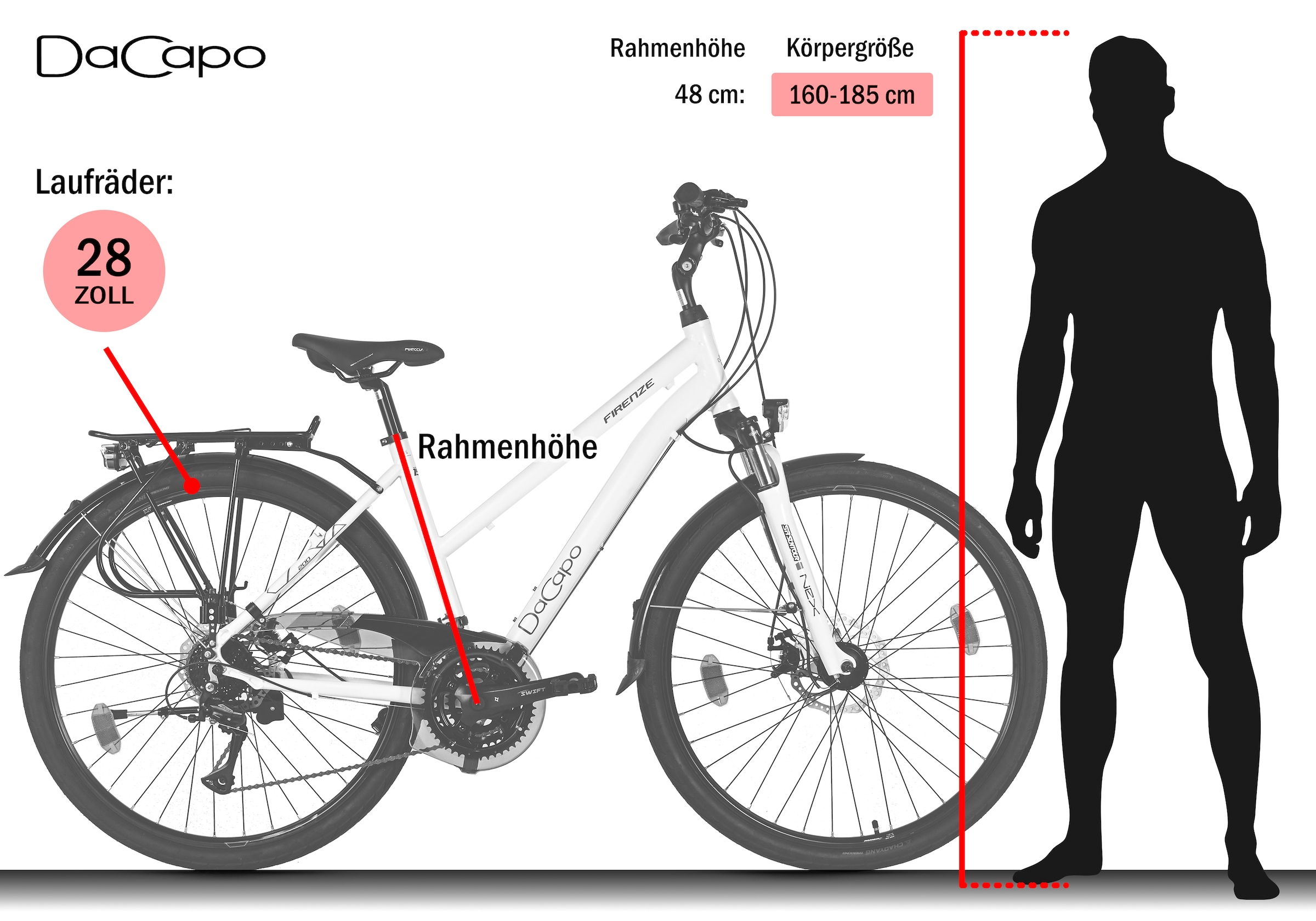 Dacapo Trekkingrad »Firenze 200 weiß 24 Gänge RH 48 cm mechanische Scheibenbremsen« 24 Gang Shimano Acera Schaltwerk Kettenschaltung