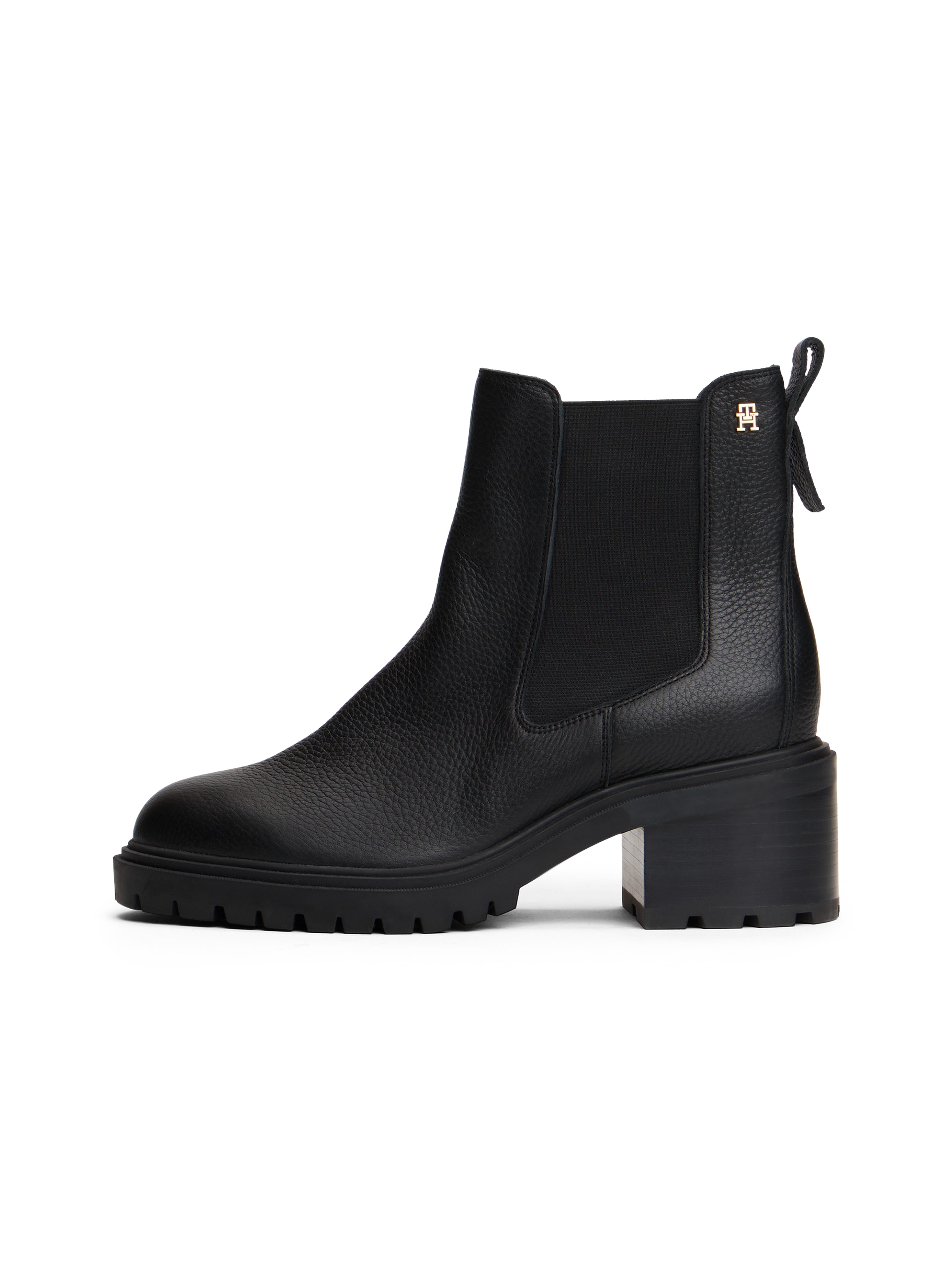 Tommy Hilfiger Chelseaboots »TH LEATHER CHELSEA CLEATED HEEL«, Blockabsatz, Stiefelette mit kleinem Logo-Emblem
