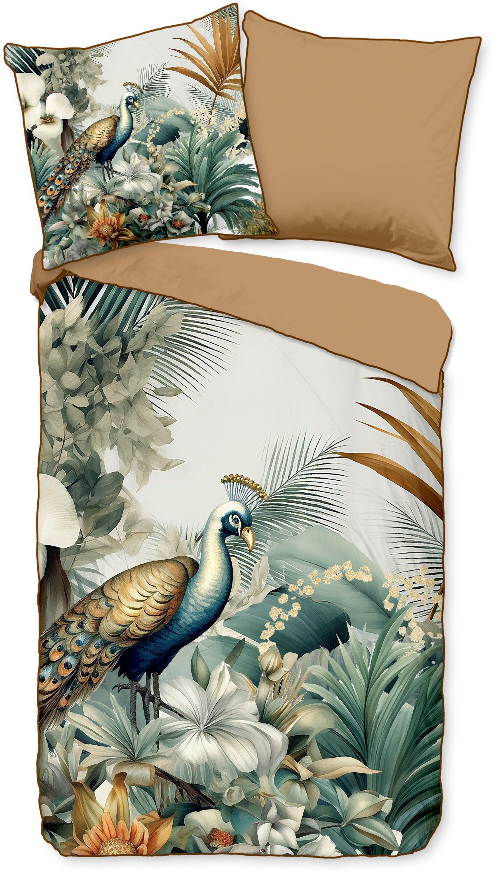 Descanso Wendebettwäsche »Dana1«, Mako Satin, 135x200, Biese, Reißverschluss, Wendeoptik, Blumen, Pfau