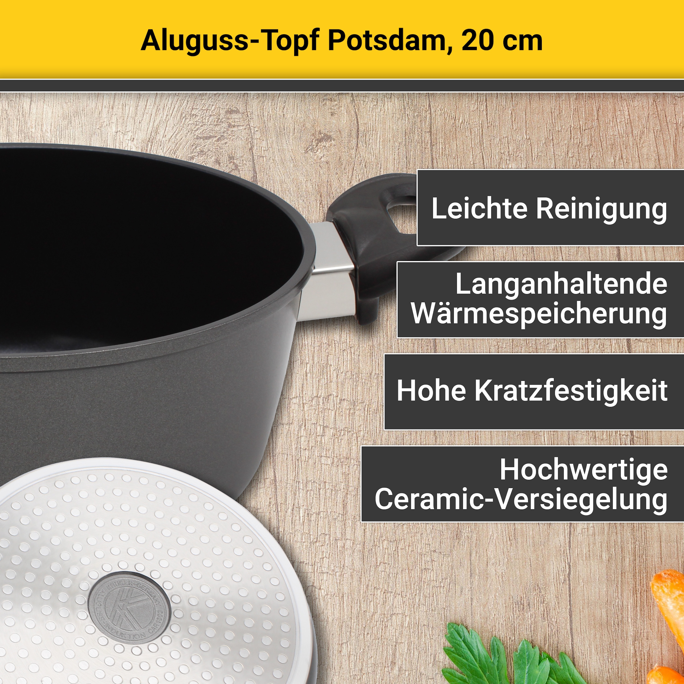 Krüger Fleischtopf »Aluguss Topf mit Glasdeckel Potsdam«, Aluminiumguss, (1 tlg.), für Induktions-Kochfelder geeignet