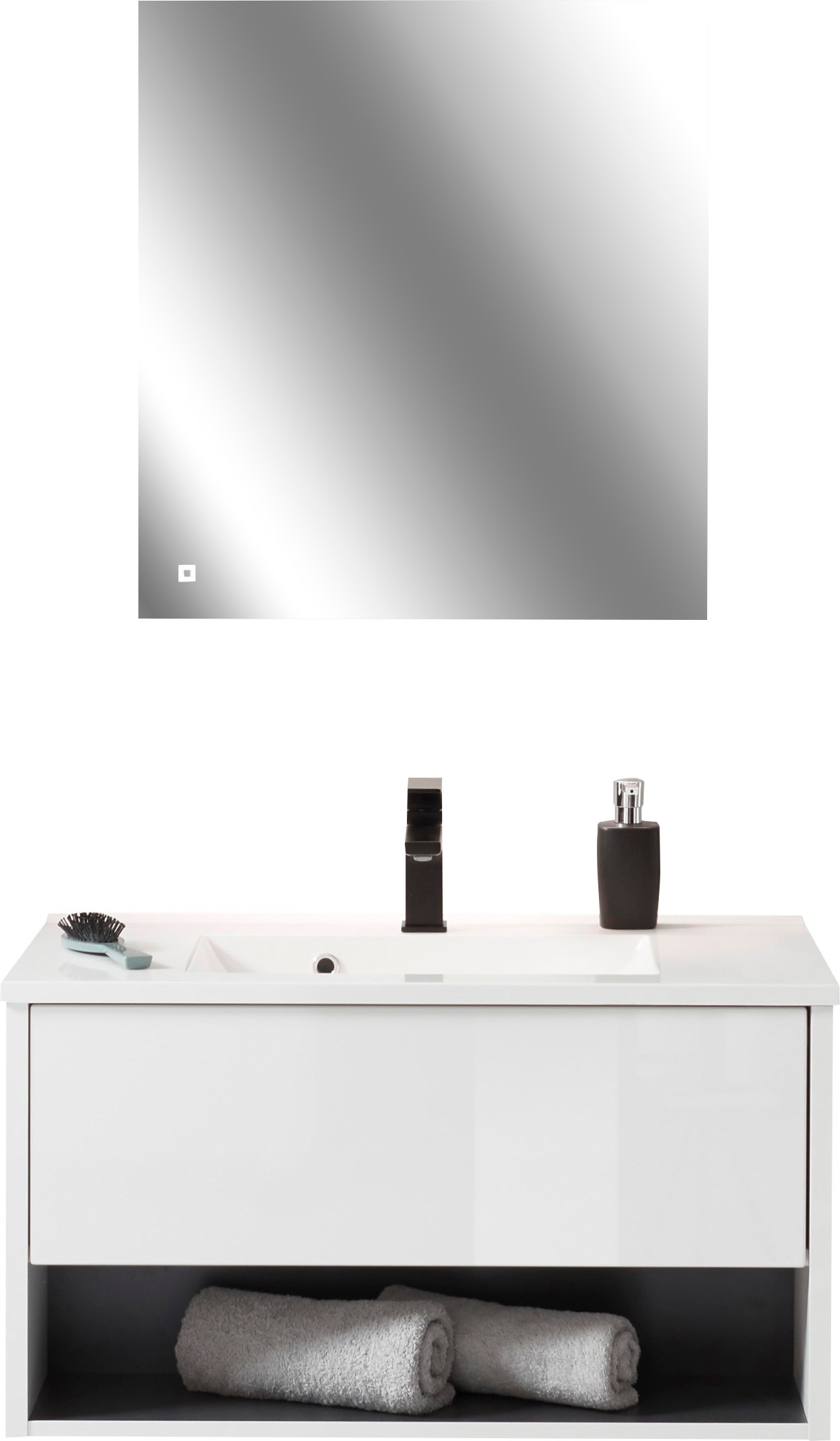 Places of Style Badmöbel-Set »Studio Line, Bad im modernen Design, 2-teiliges Badezimmer«, (2 St.), Waschtisch und Spiegel, in zwei Farben verfügbar, viel Stauraum