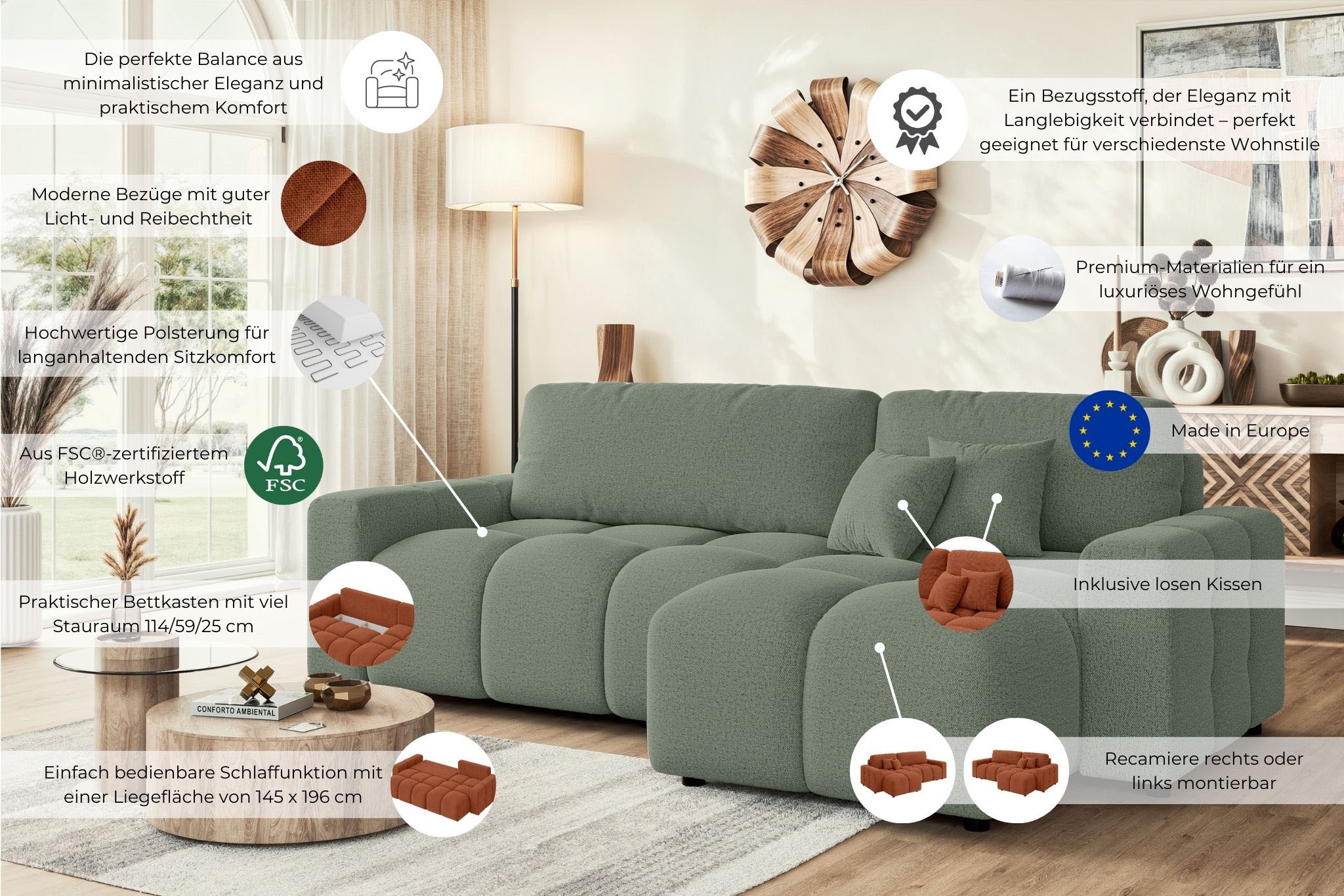 INOSIGN Ecksofa »FELICI, Schlafsofa 233cm, L-Form mit Recamiere beidseitig montierbar«, Designsofa mit Bettfunktion und Bettkasten, Maße B/T/H: 233/142/88 cm
