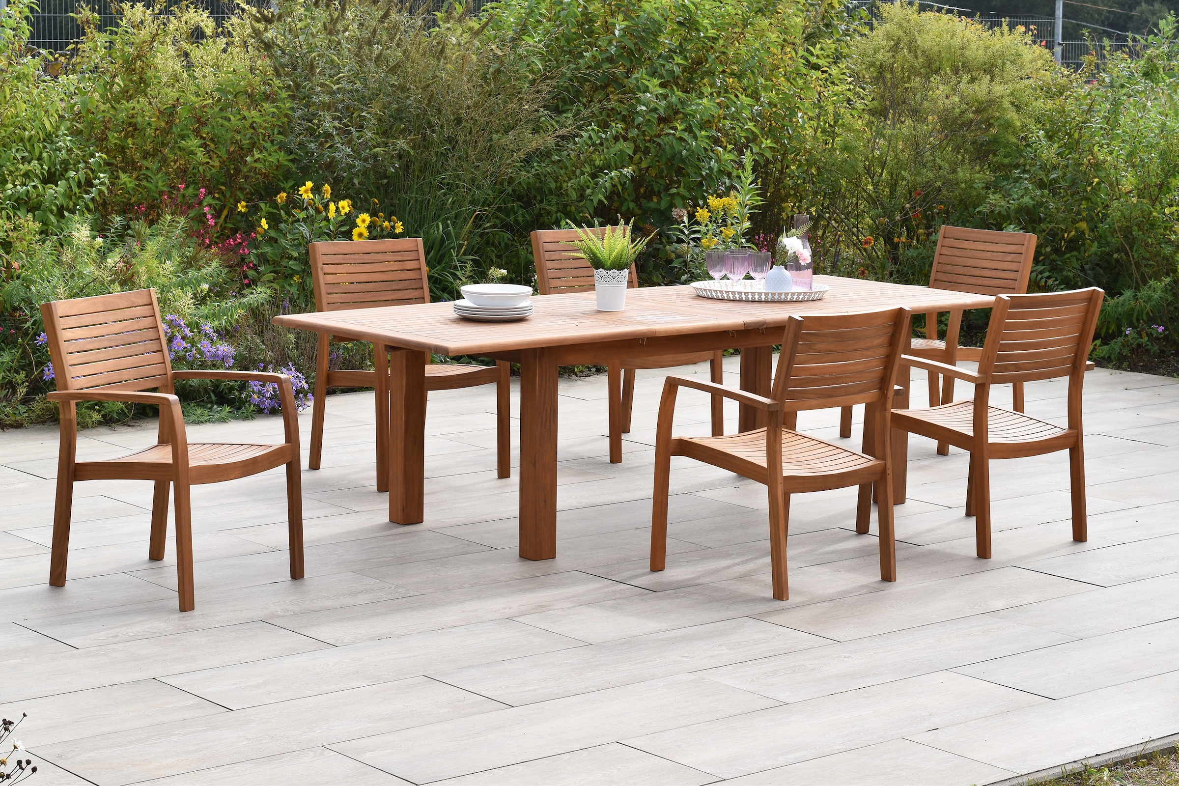 MERXX Garten-Essgruppe »»Batavia«« Set, Tisch doppelt ausziehbar: 100x 180/220/260x 75 cm, 7 Stk. tlg. moderne Landhausoptik in warmen Holznuancen