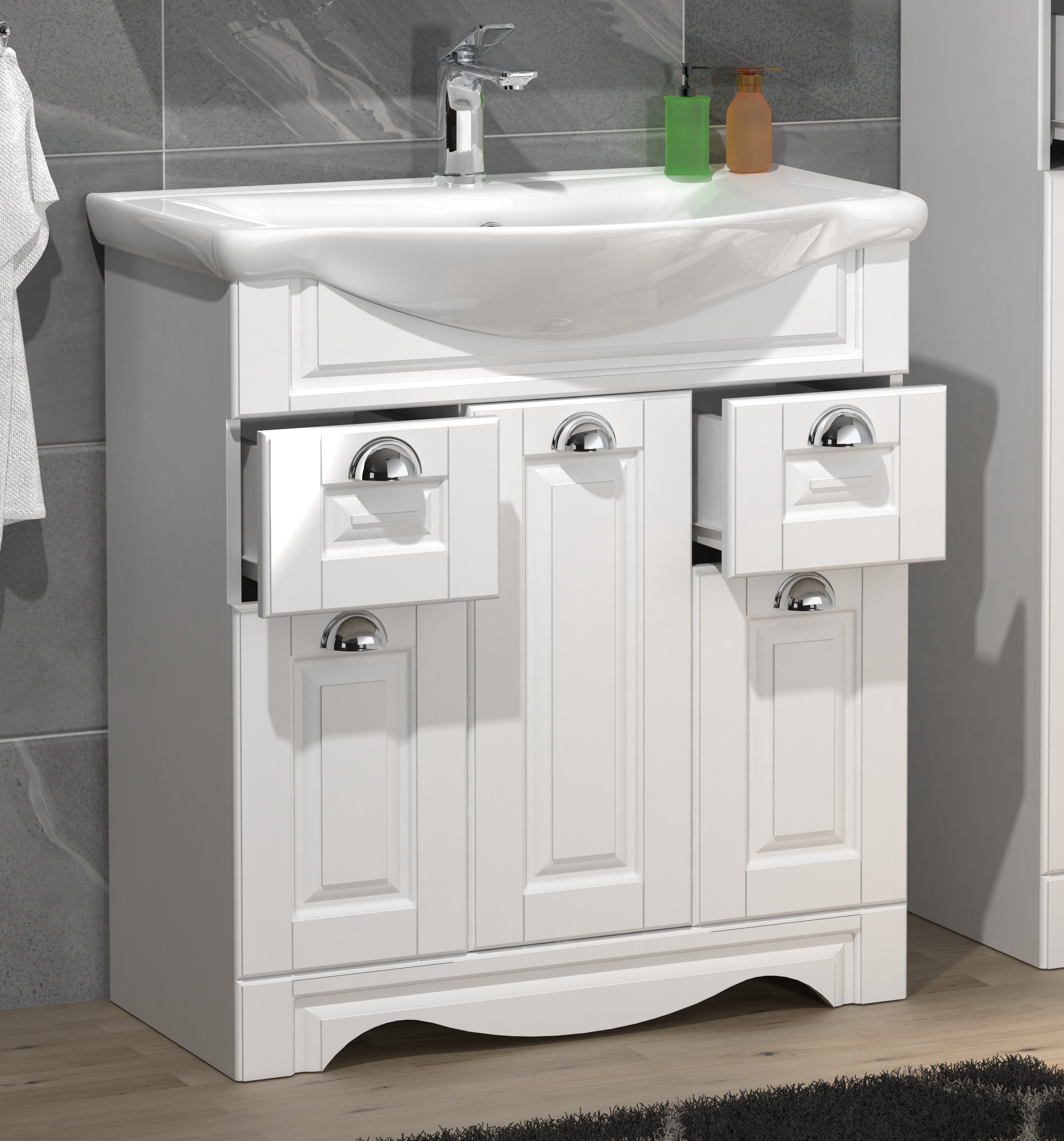 VCM Waschbeckenunterschrank »VCM 2-tlg. Waschplatz Waschtisch Breite 75 cm Badmöbel Set Waschbecken Landhaus Schubladen Casalo XL«, (2 St.)
