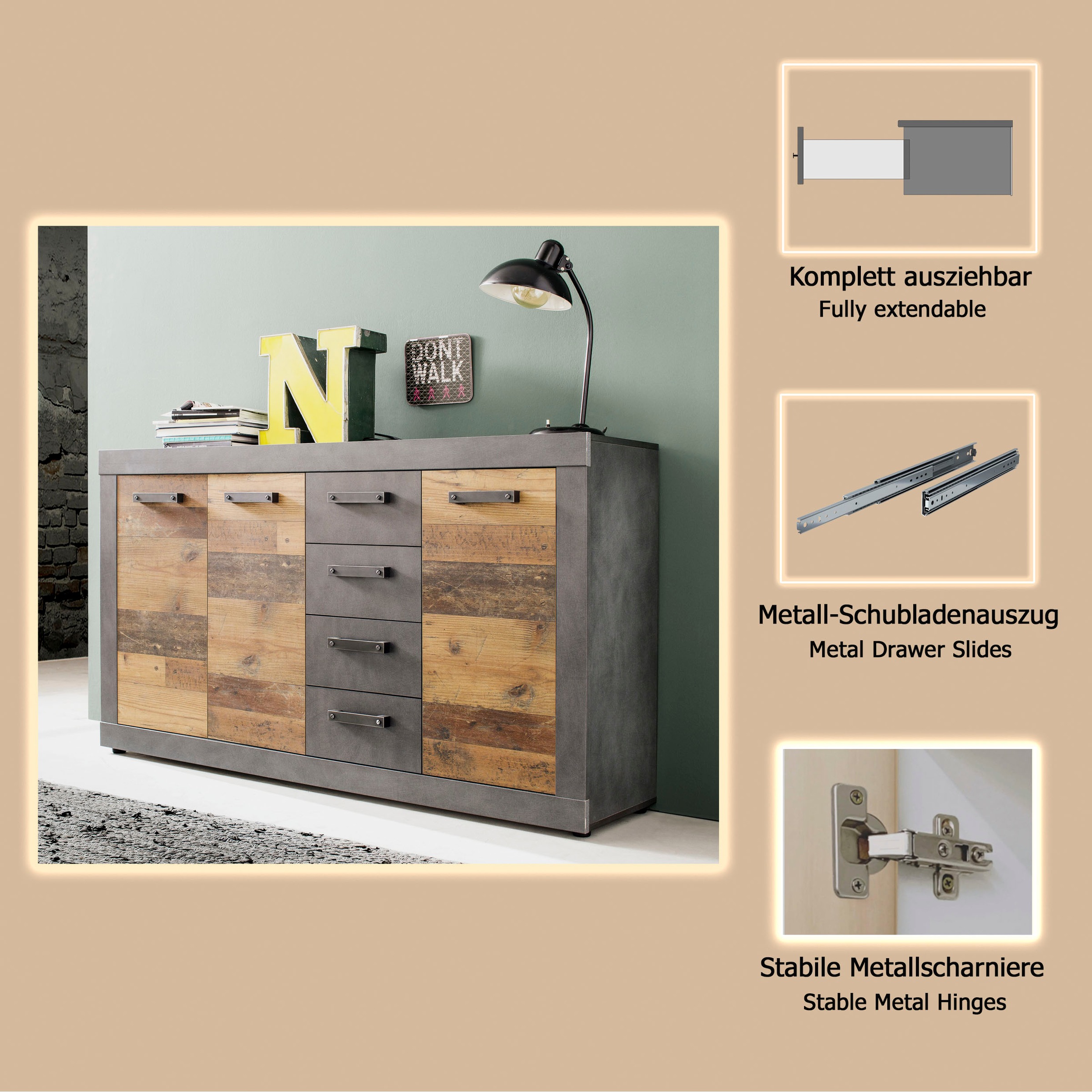 INOSIGN Kommode »Ilana«, Kommode mit 3 Türen & 4 Schubladen - (B/T/H) 151/37/86 cm