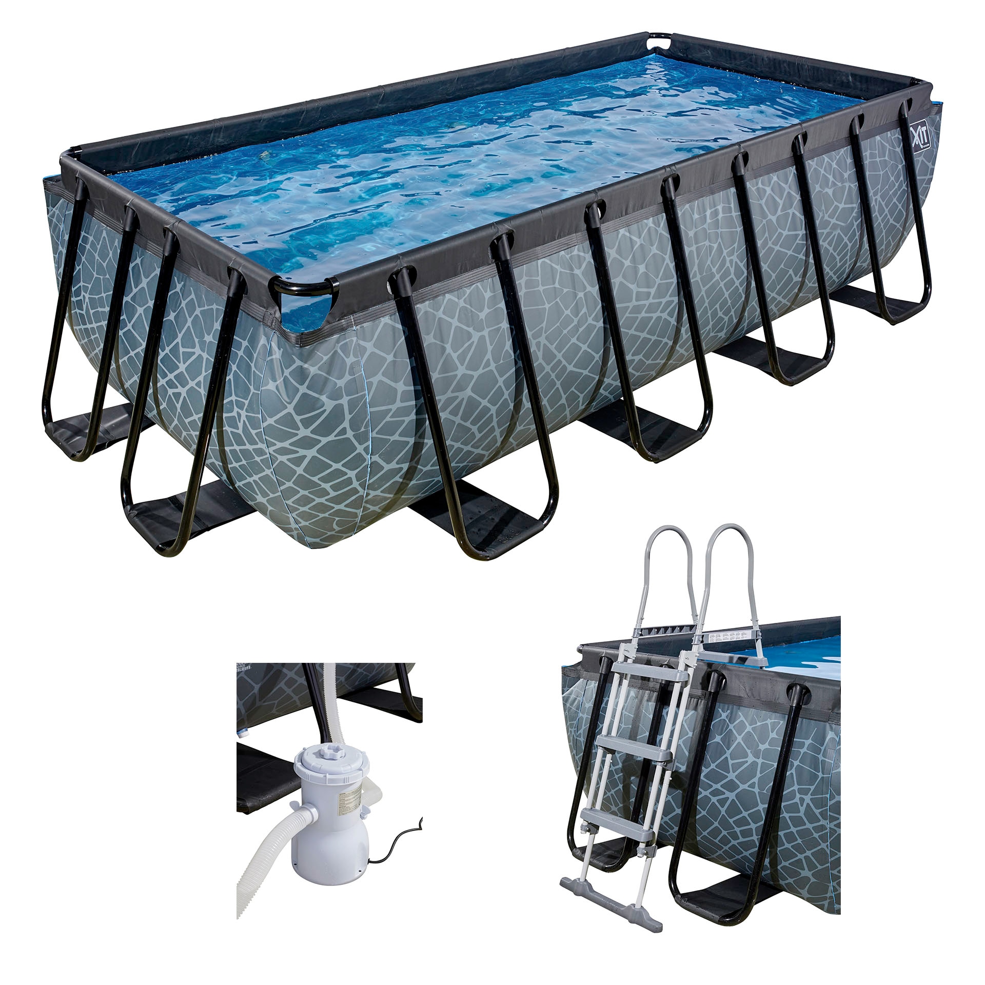 Framepool EXIT, B:200cm H:100cm L:400cm, grau, Schwimmbecken, BxLxH: 200x400x100 cm, mit Filterpumpe und Sicherheitsleiter