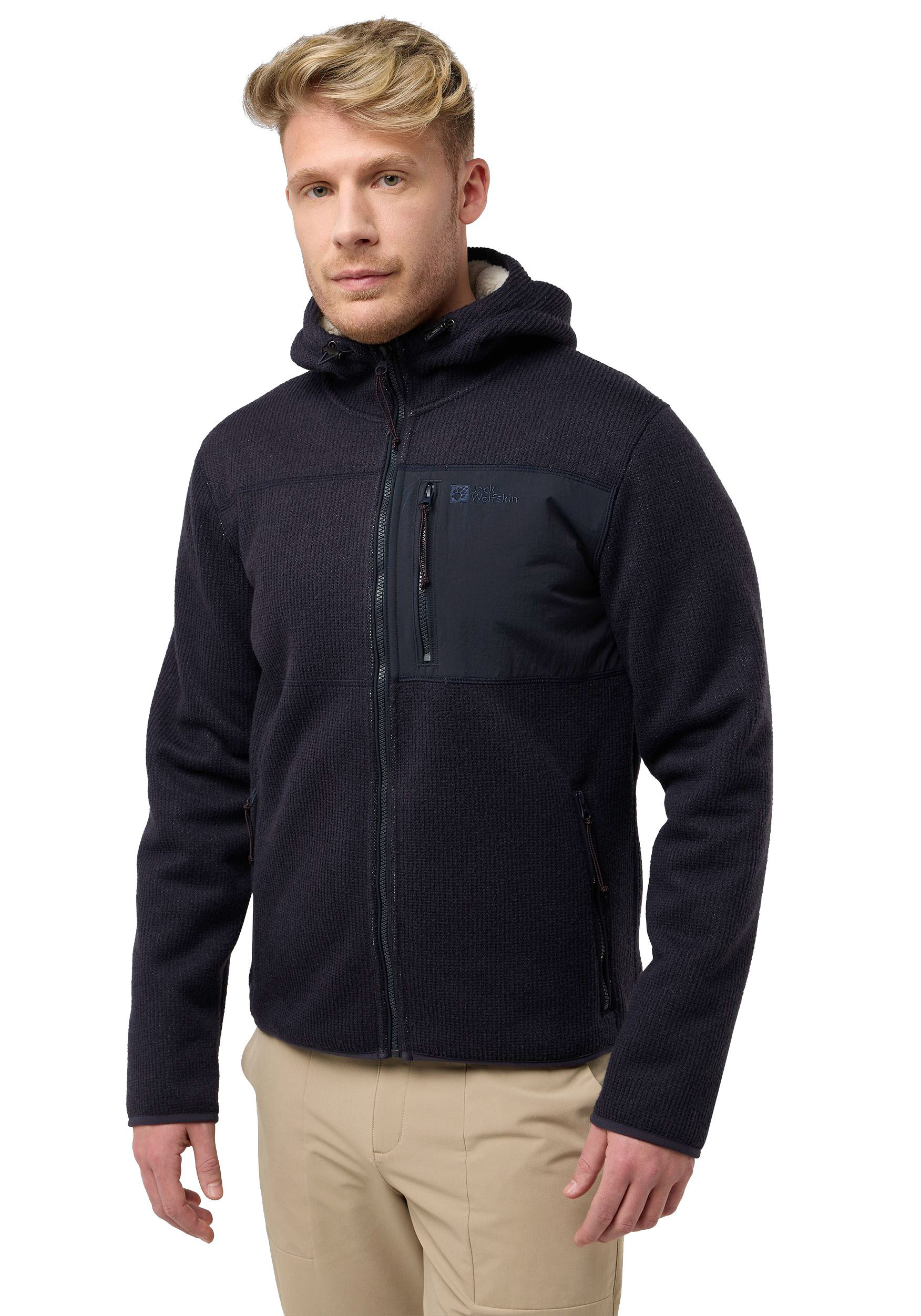 Jack Wolfskin Strickfleecejacke "KAMINFEUER" mit Kapuze mit gefütterter Kapuze, hochschließender Kragen, maschinenwaschbar