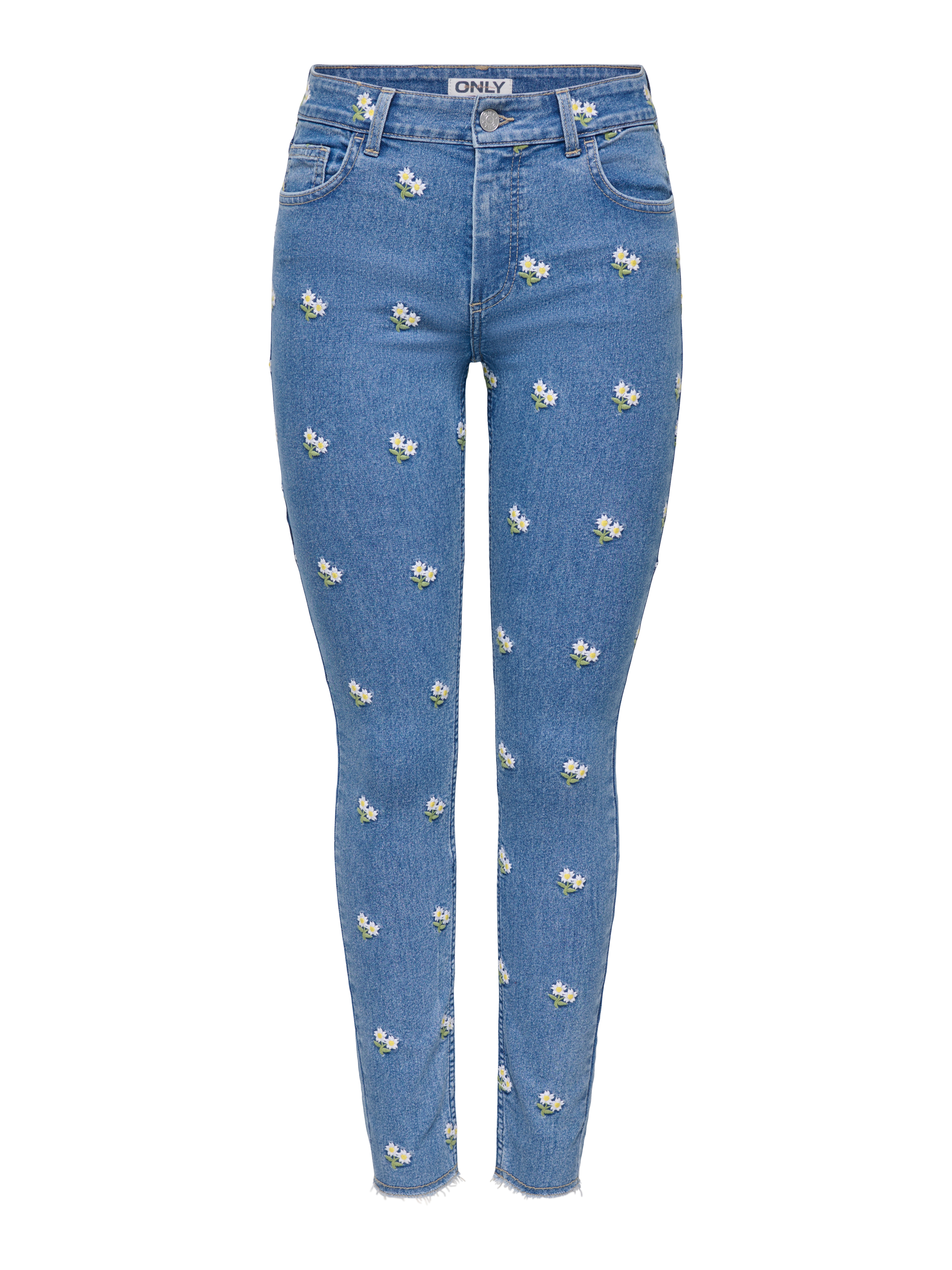 ONLY "ONLHUSH MW EMB RW ANK SKINNY DNM" Baumwollmischung, slim fit, Allover Stickerei, offener Saum