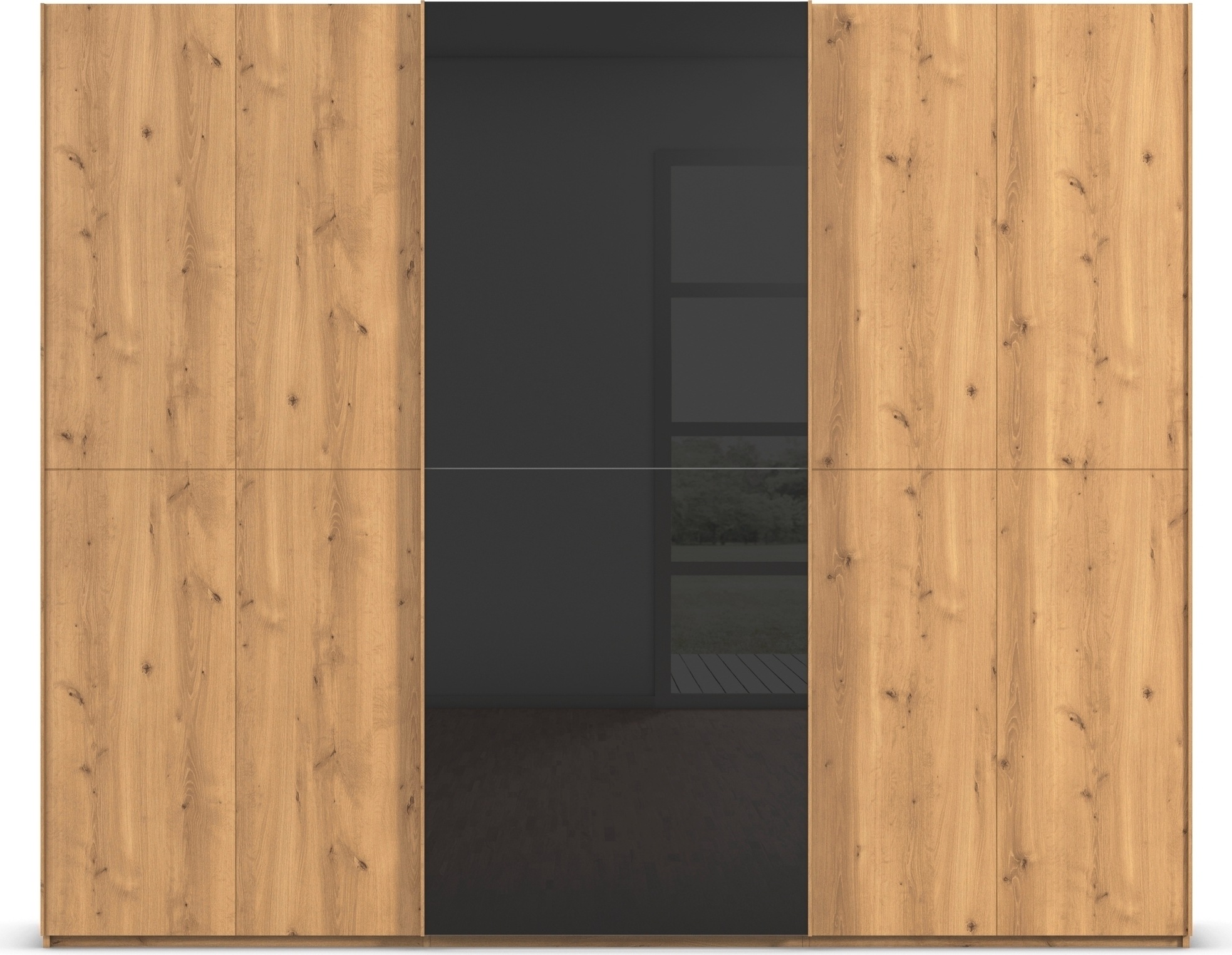 rauch Schwebetürenschrank »Kleiderschrank Schrank Garderobe Schlafzimmerschrank SCALE-WOOD«, edle geteilte Front in massiver Asteiche mit Glastüren MADE IN GERMANY