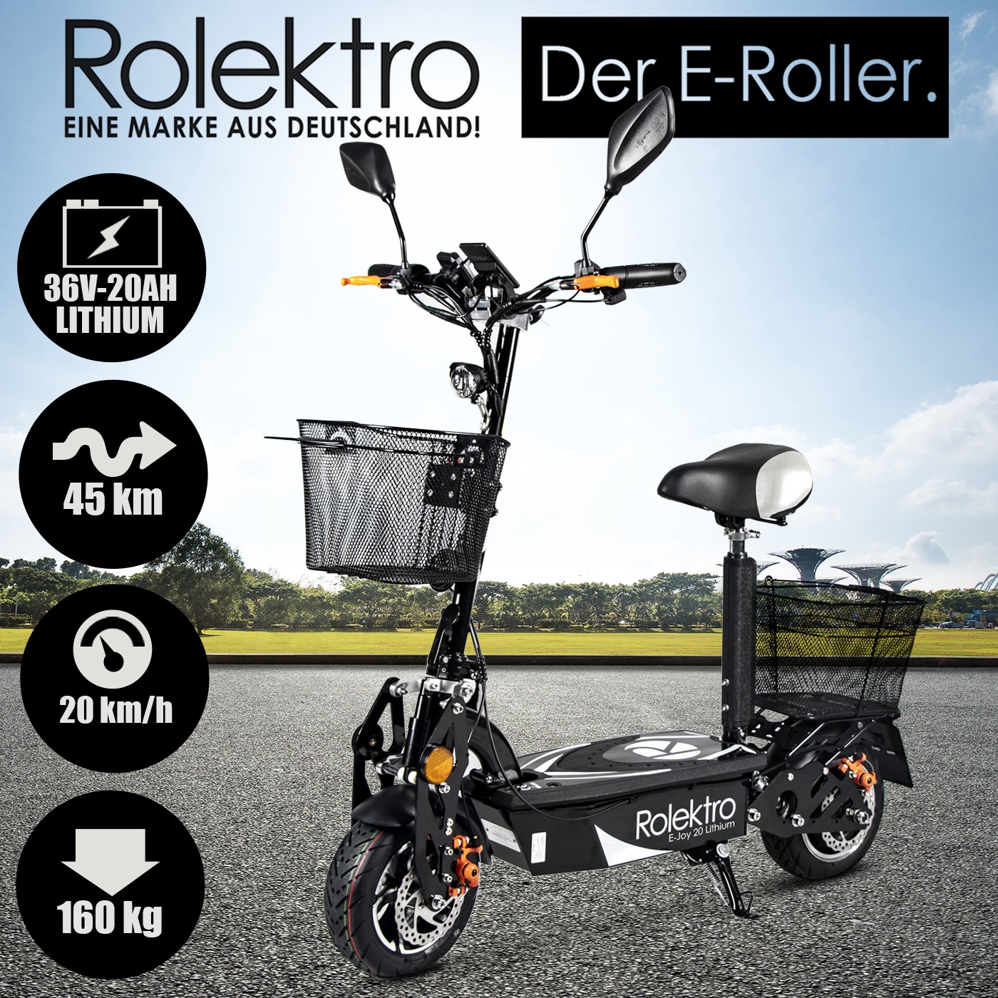 Thumbnail - Rolektro Sitzscooter "Rolektro E-Joy 20 Lithium" 20 km/h 45 km mit Straßenzulassung, bis zu 45 km Reichweite, klappbar
