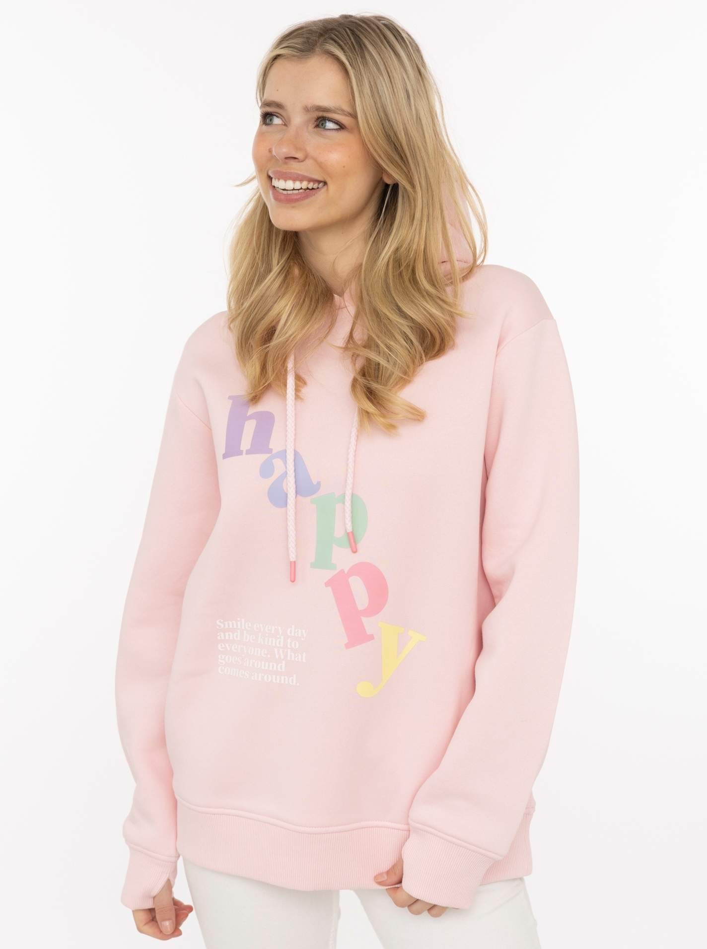 Zwillingsherz Hoodie ""happy"", großer „Happy“ Print, Kapuze mit Kordel, elastische Bündchen