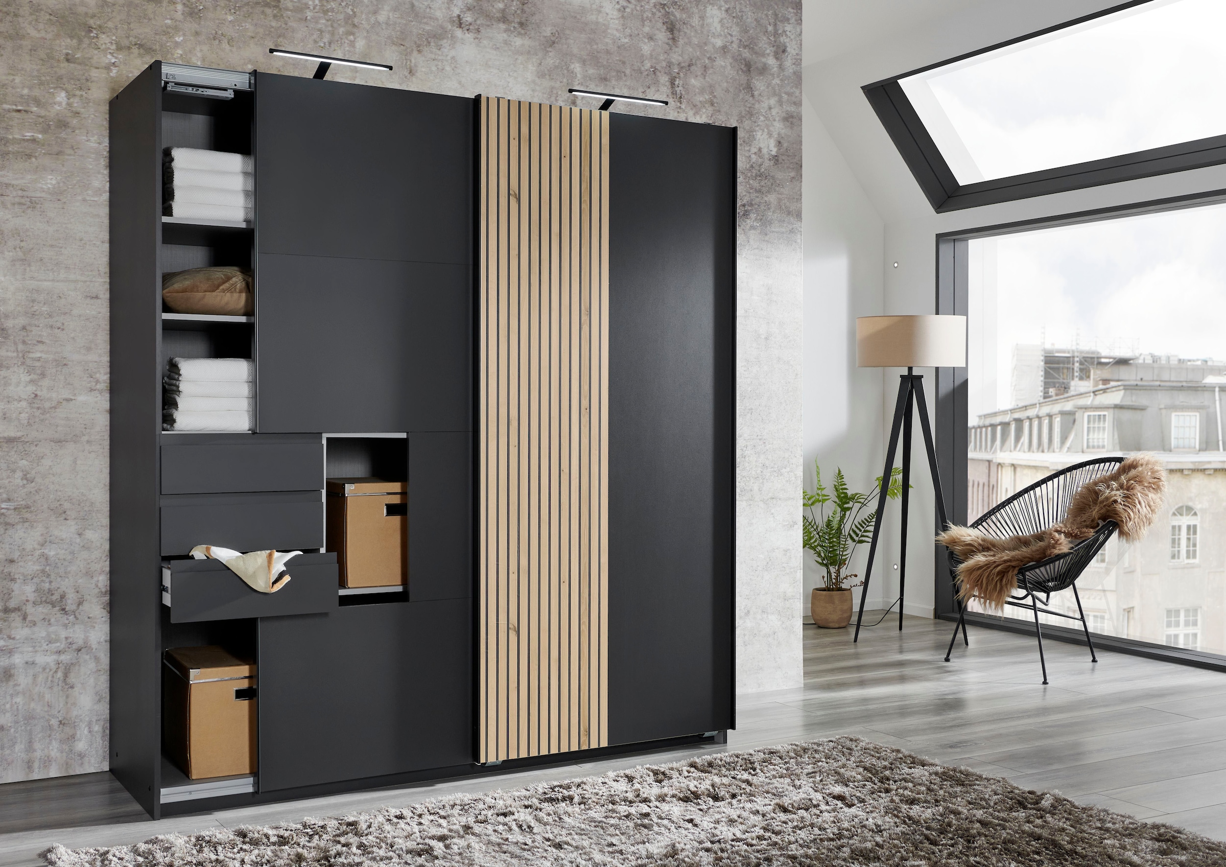 Wimex Schwebetürenschrank »Coburg, Kleiderschrank Made in Germany«, mit Akustikpaneel Optik oder Holzoptik eichefarben, 180cm breit