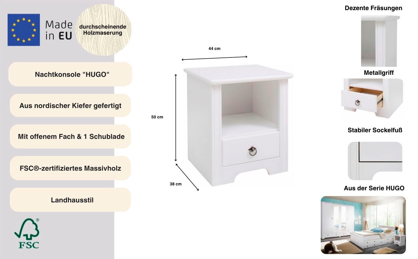 OTTO home Nachtkonsole »Hugo« Nachttisch mit 1 Schublade, aus massiver Kiefer