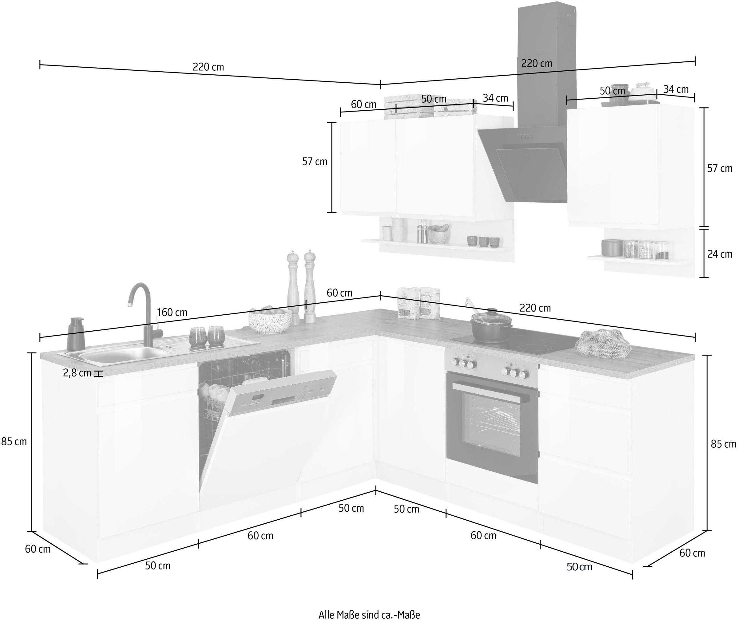 KOCHSTATION Winkelküche »KS-Virginia«, Stellbreite 220/220 cm, wahlweise mit E-Geräten