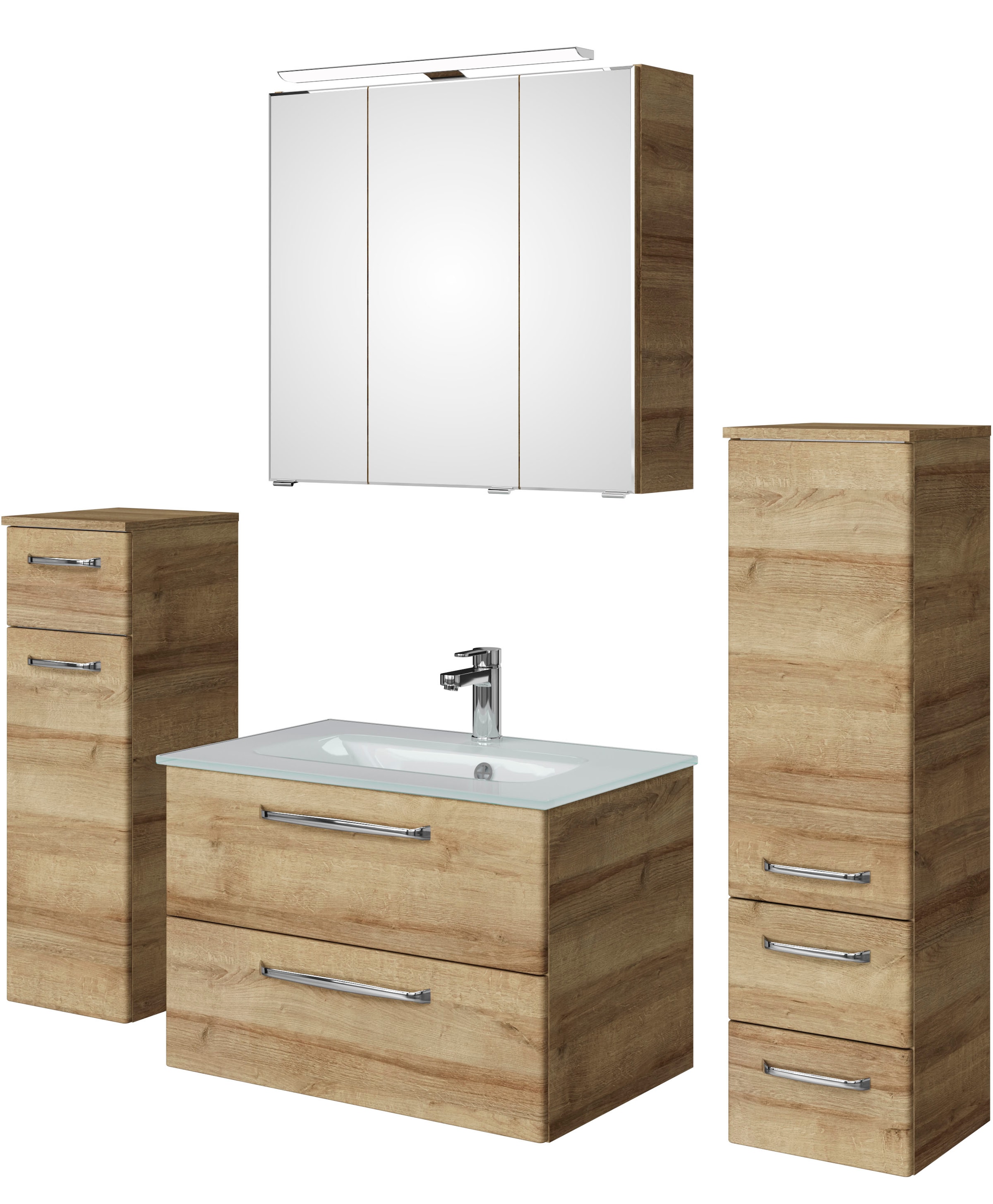 Saphir Badmöbel-Set »Badmöbel-Set Trentino 4-teilig Glas-Waschtisch mit LED-Spiegelschrank«, (5 St.), Badezimmer-Set mit Midischrank und Unterschrank inkl. Türdämpfer
