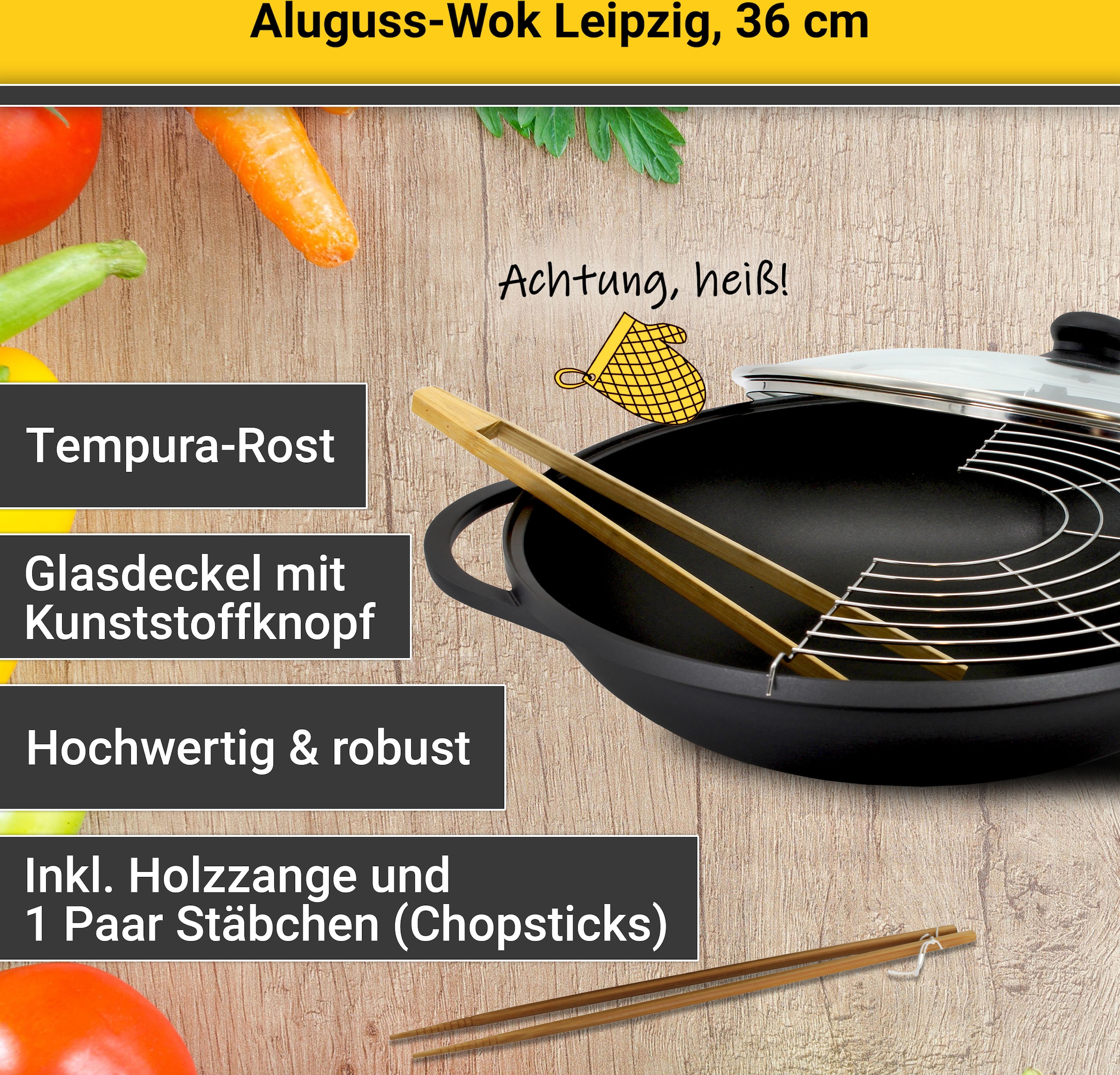 Krüger Wok »Aluguss Wok mit Glasdeckel LEIPZIG, 36 cm«, Aluminiumguss, (1 tlg.), hochwertige Antihaft-Versiegelung