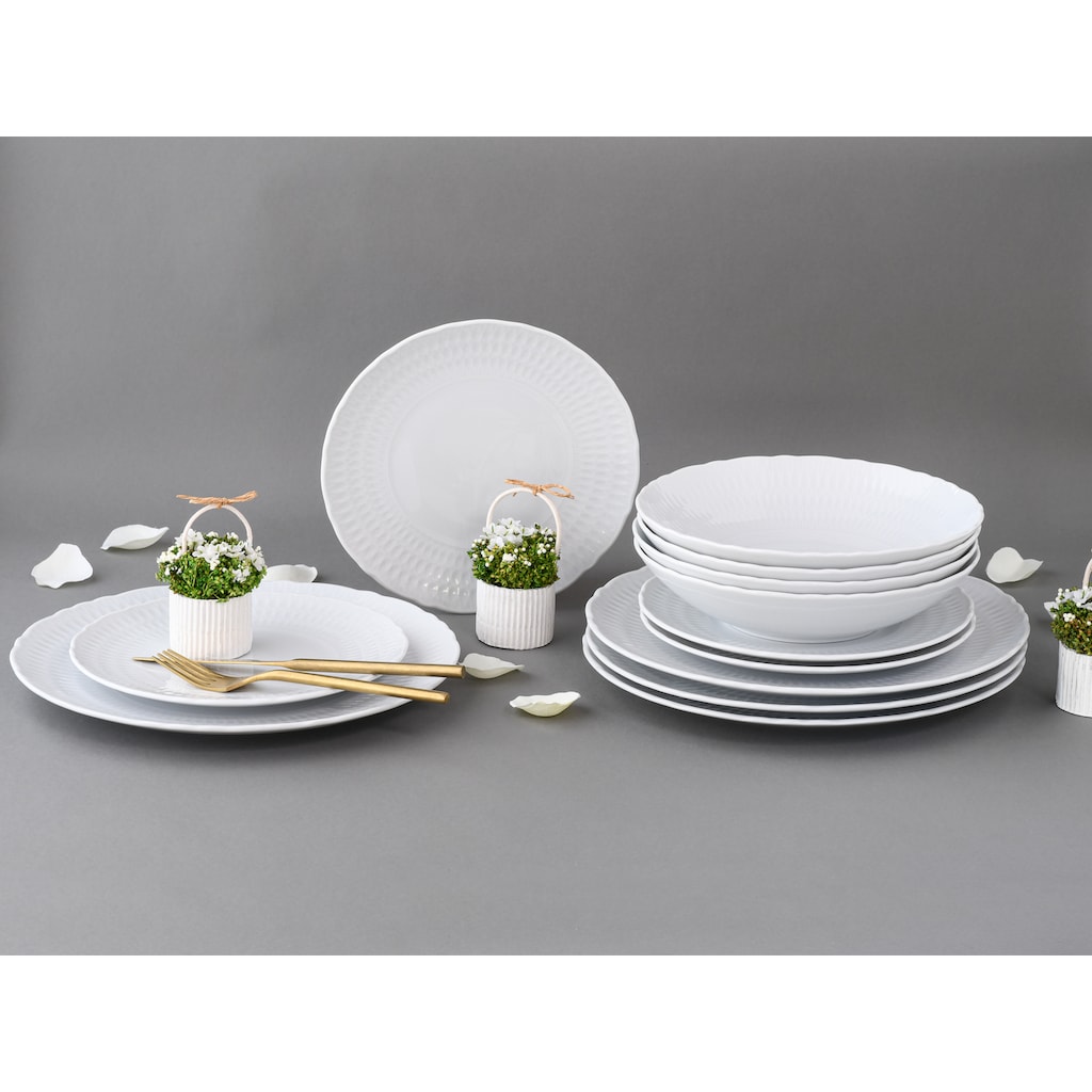 CreaTable Teller-Set »Geschirr-Set Sofia«, (Set, 12 tlg., Tafelservice für 4 Personen), Service, klassisch elegantes Relief, 12 Teile, für 4 Personen