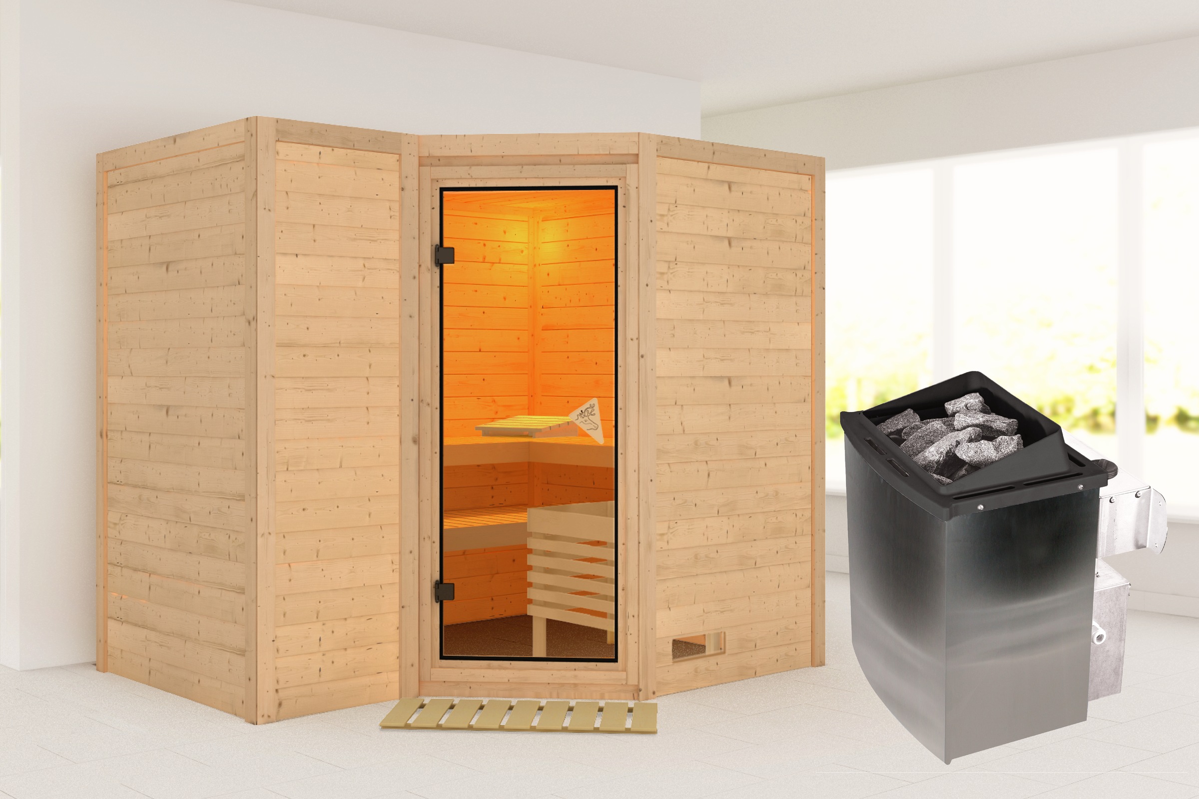 Karibu Sauna »Sanna 2«, 9-kW-Ofen mit integrierter Steuerung