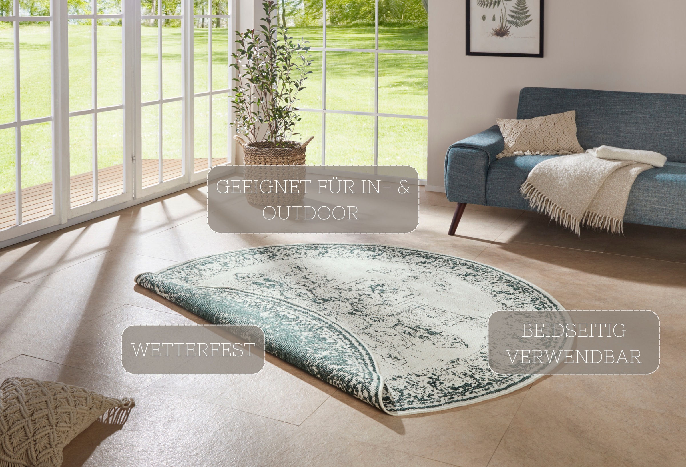 Teppich HANSE HOME "Borbon Wendeteppich" Gr. 9, beige (creme, grün), H:5mm Ø:140cm, Polypropylen (PP), Teppiche, Teppich, In-& Outdoor, Wetterfest, Balkon, Garten, Wohnzimmer, Wasserfest 2