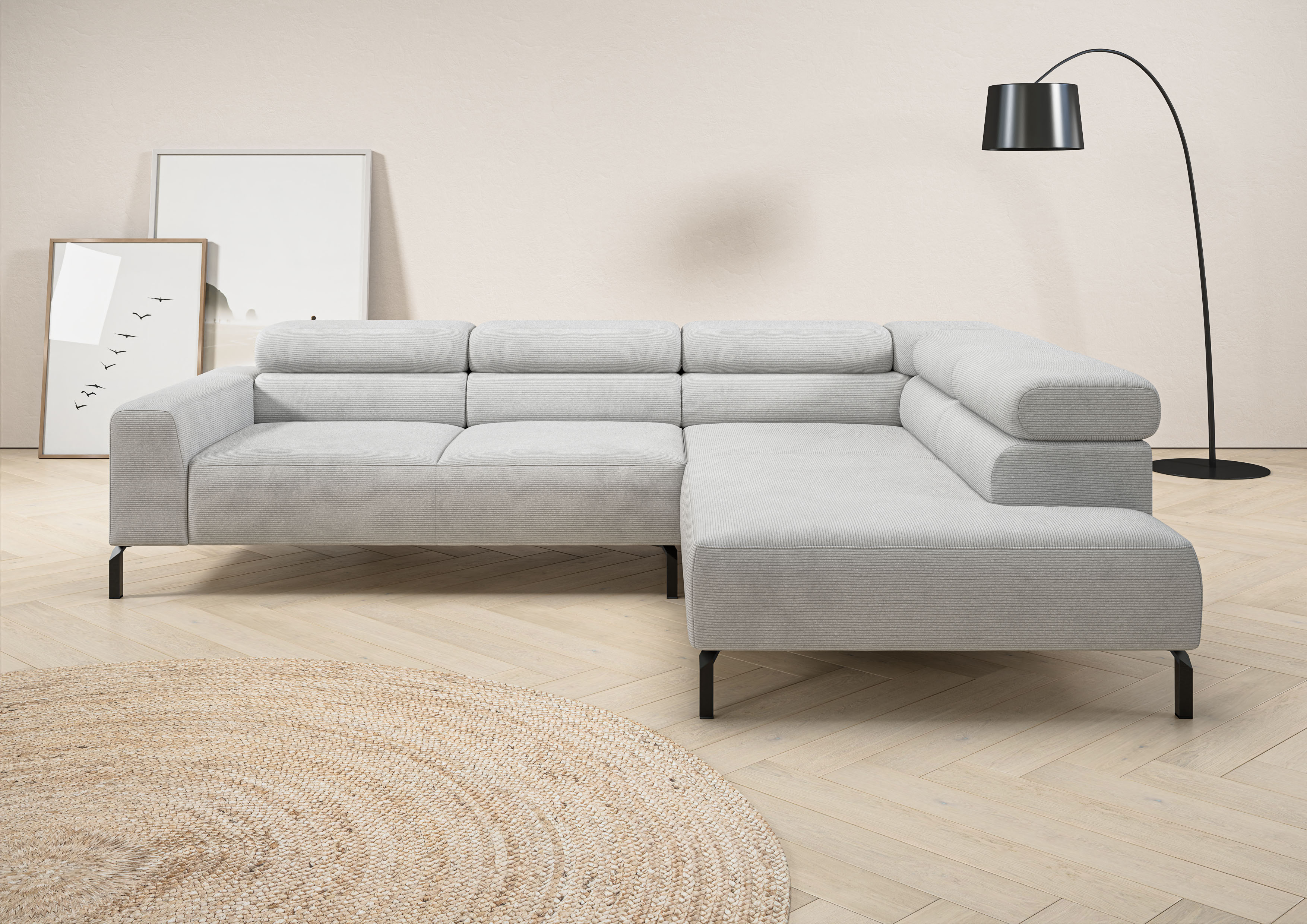 Home affaire Ecksofa "Antonelli, L-Form, inkl. Kopfteilverstellung, Breite 276 cm" ohne Sitztiefenverstellung, in Feincord, silber