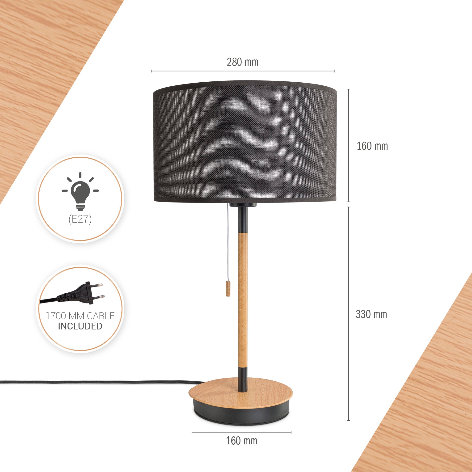Paco Home Tischleuchte »EK CA UNI COLOR«, Leuchtmittel E27 | ohne Leuchtmittel, Nacht Mit Schalter Stofflampe Vintage Skandinavisch