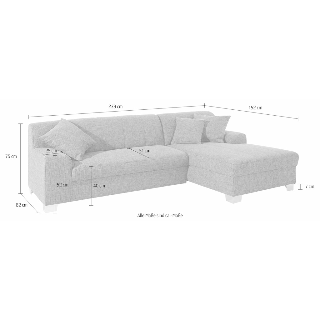 INOSIGN Ecksofa »Turah incl. Zierkissen, moderne Steppung, auch in Leder«, wahlweise mit Bettfunktion, Schlafsofa, B/T/H: 239/152/75 cm, L-Form