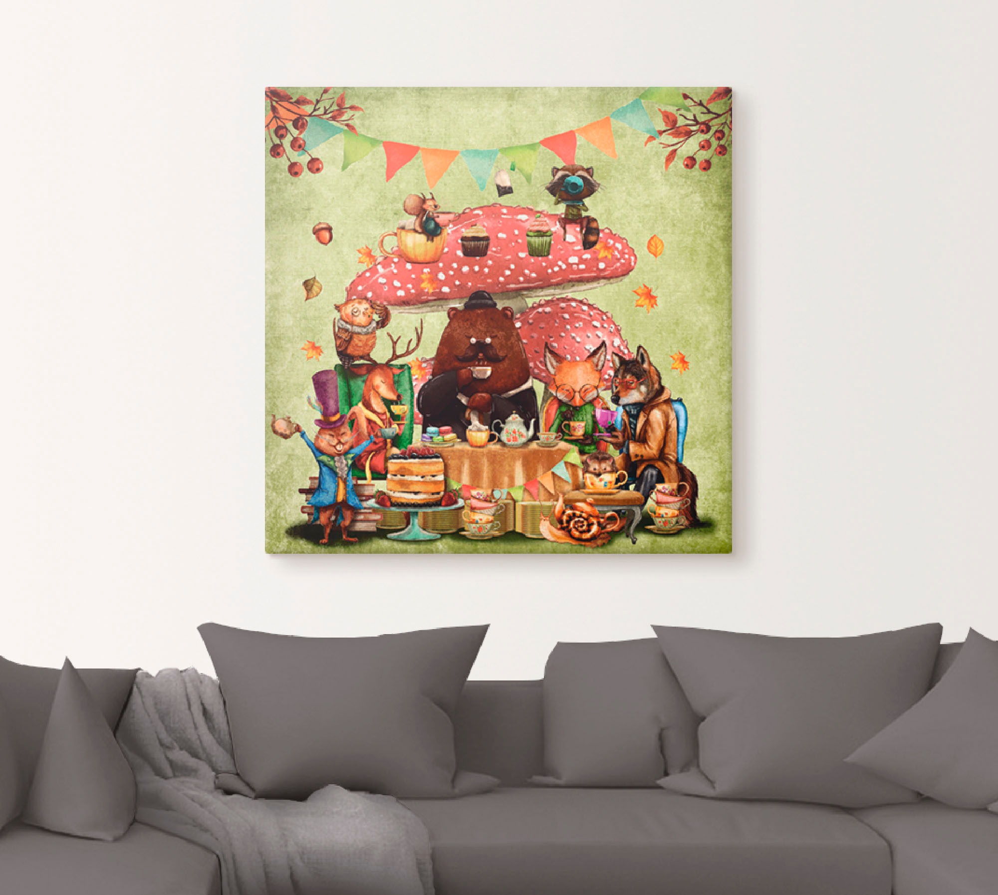 Artland Leinwandbild »Wald Freunde Fliegenpilz Teetrinken«, Animal Fantasy, (1 St.), auf Keilrahmen gespannt