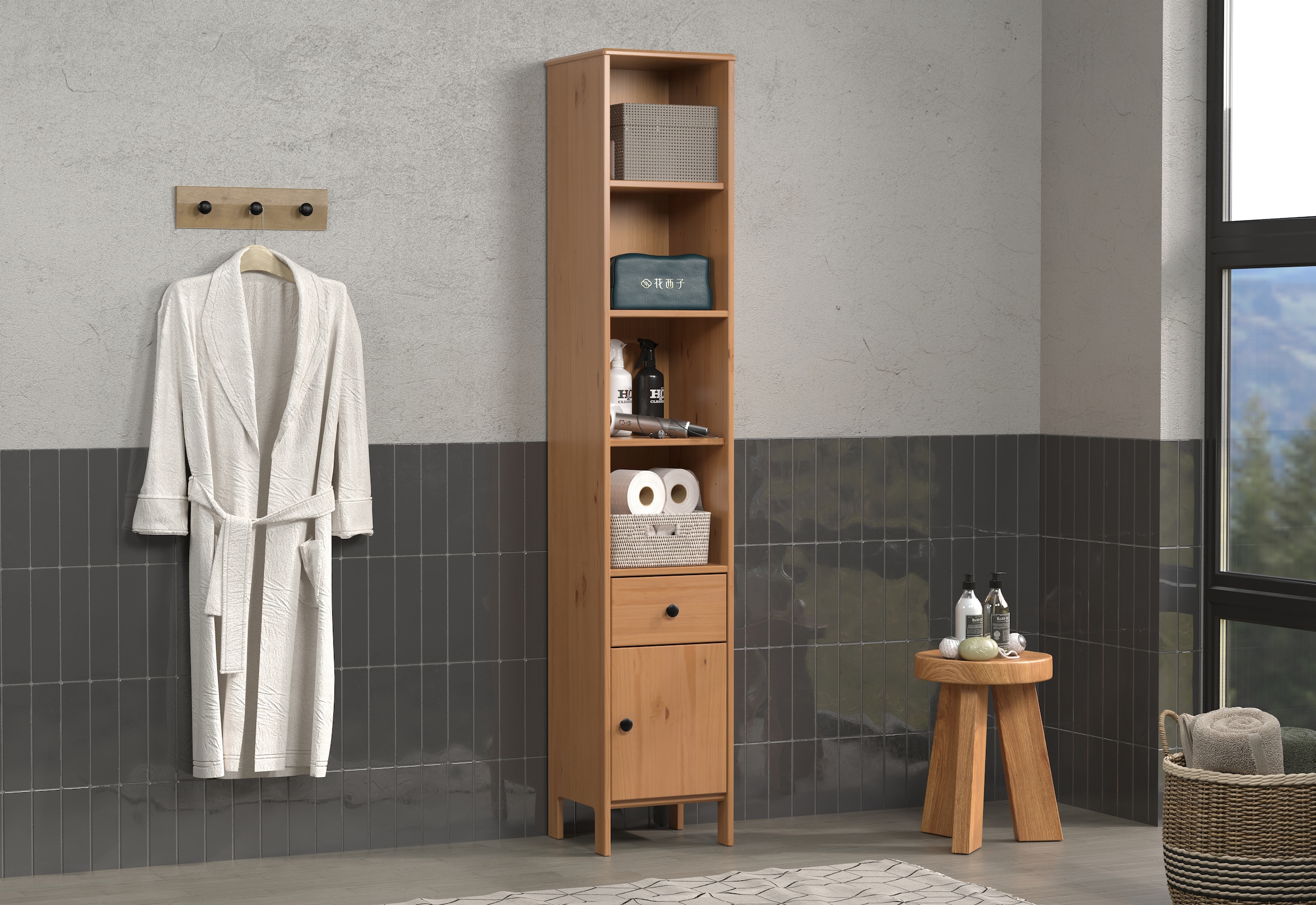 welltime Hochschrank »Kall«, (1 St.), Badschrank aus Kiefer-Massivholz mit Schublade - (B/T/H) 35/33/188 cm
