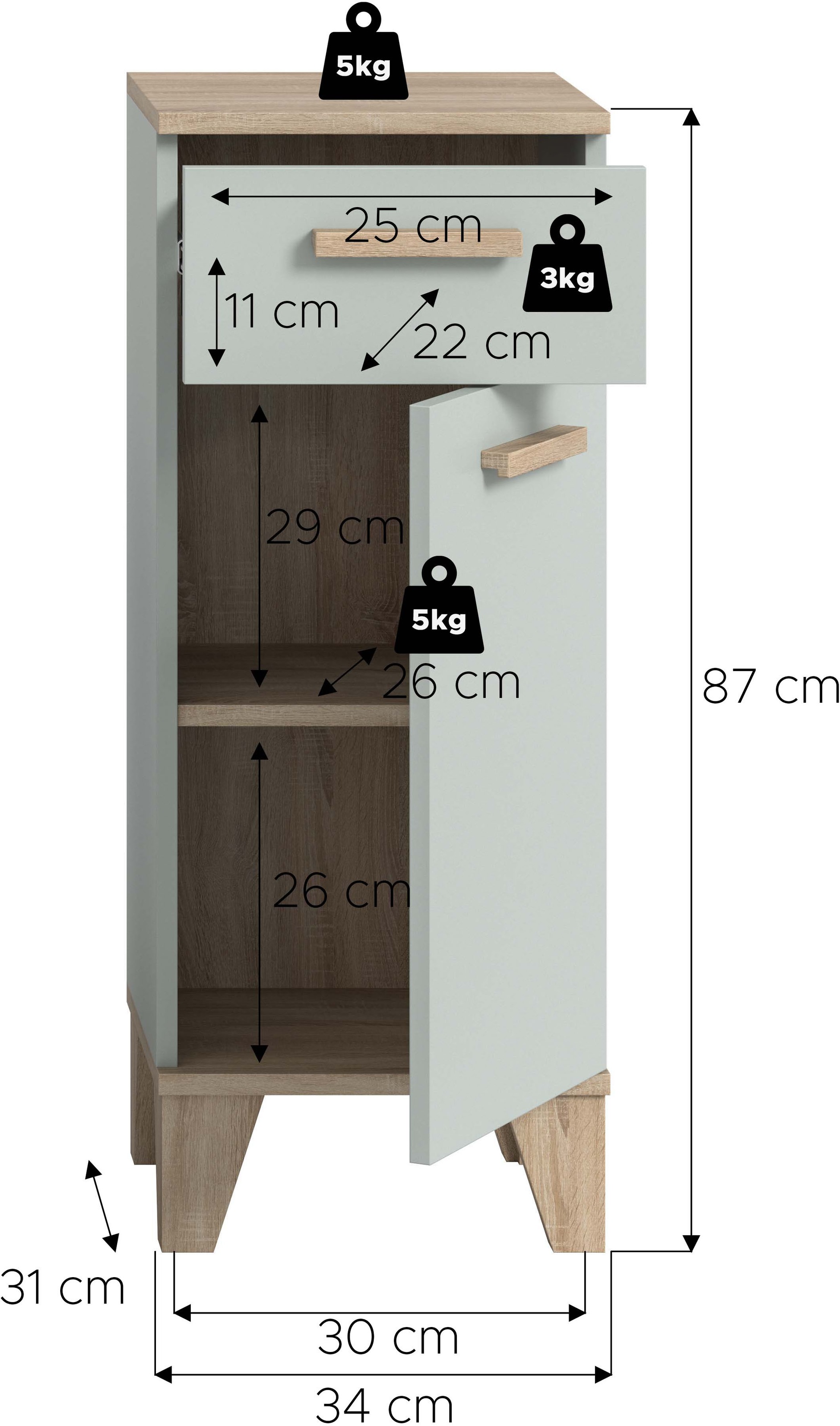 welltime Midischrank »MINTTU, Höhe 87 cm, 1 Tür, 1 Schubkasten, 1 Einlegeboden, 2 Fächer« Türanschlag rechts und links montierbar,  Badmöbel, Badschrank, Schrank, Kommode, Bad, Unterschrank