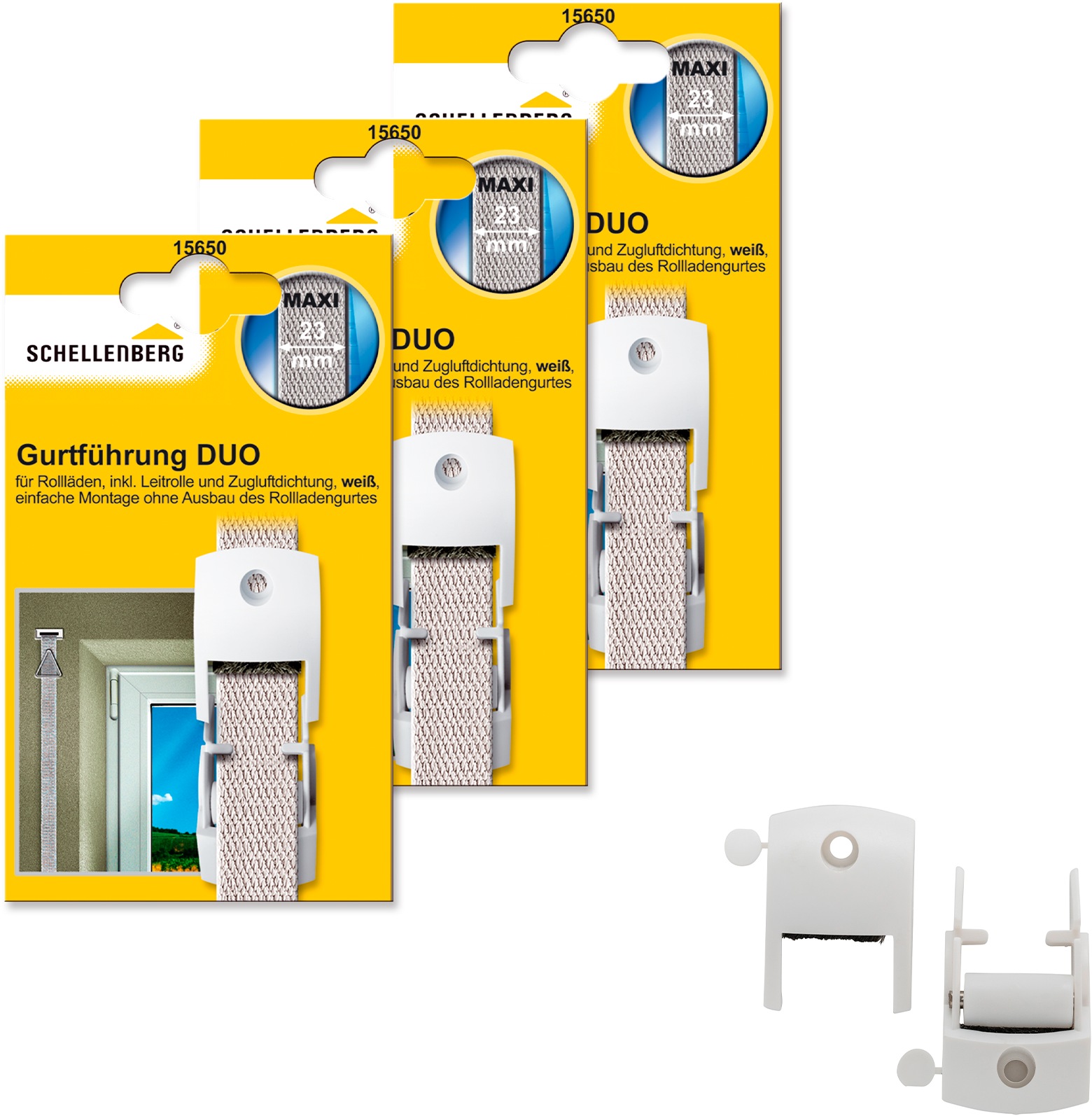 SCHELLENBERG Rollladen-Gurtführung "Duo für das Rollladensystem Maxi", Lochabstand: 43mm, 3 Stk., weiß, Seilführungen, inkl. Zugluftdichtung und