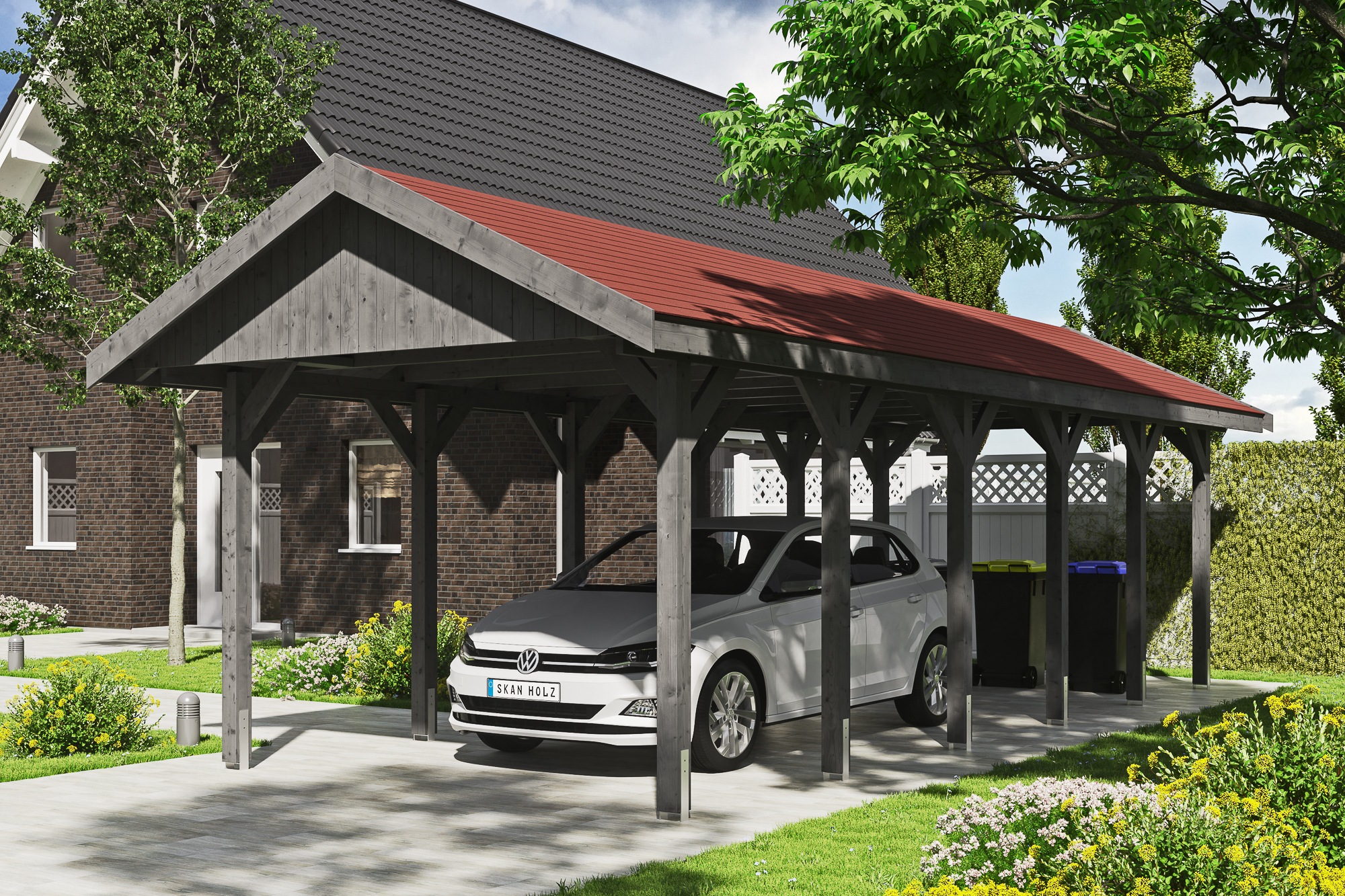 Skanholz Einzelcarport »Wallgau«, 291 cm, Schiefergrau, mit roten Dachschindeln