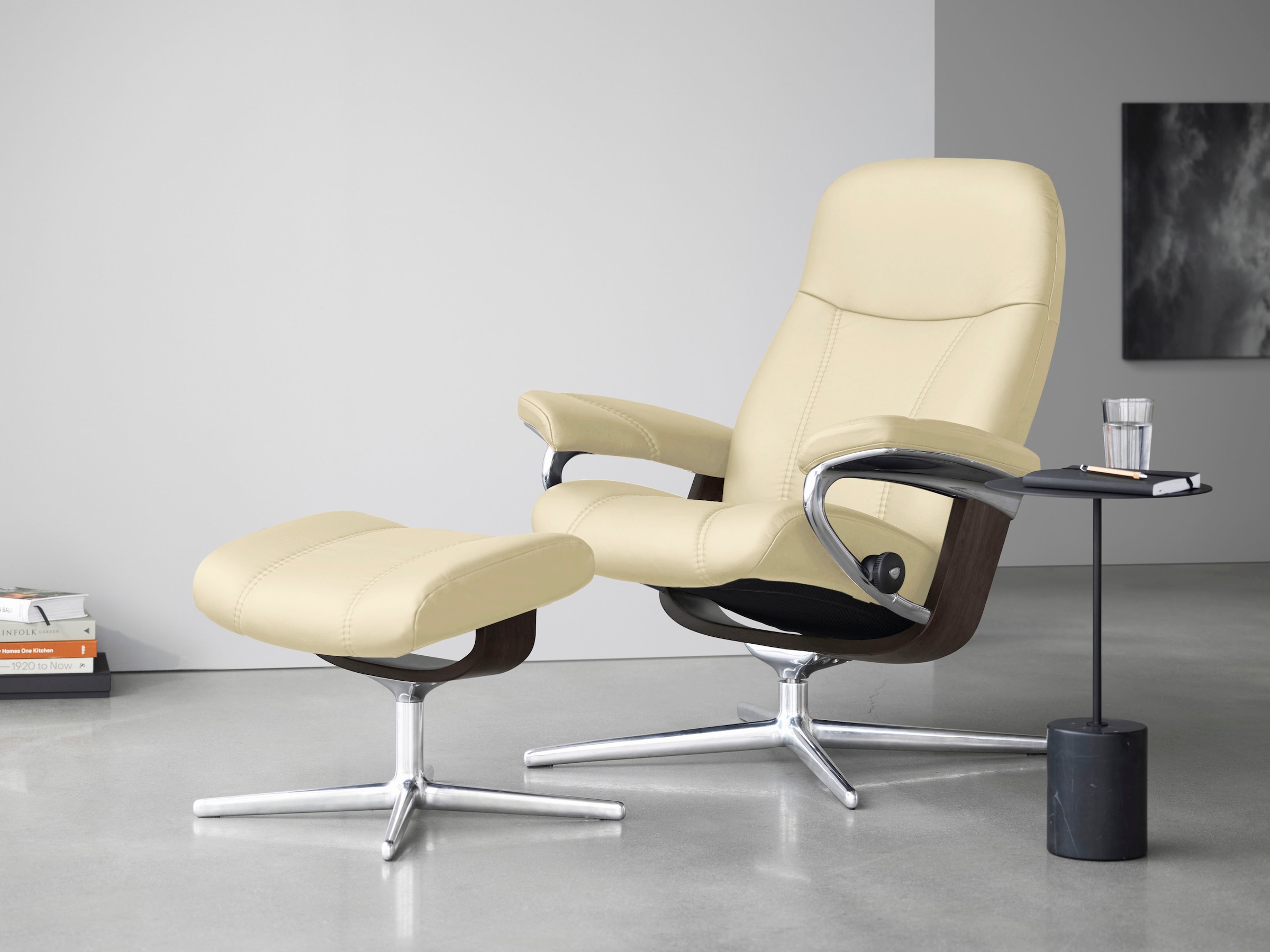 Stressless Relaxsessel "Consul" Set, Relaxsessel mit Hocker, mit Hocker, mit Cross Base, Größe S, M & L, Holzakzent Wenge