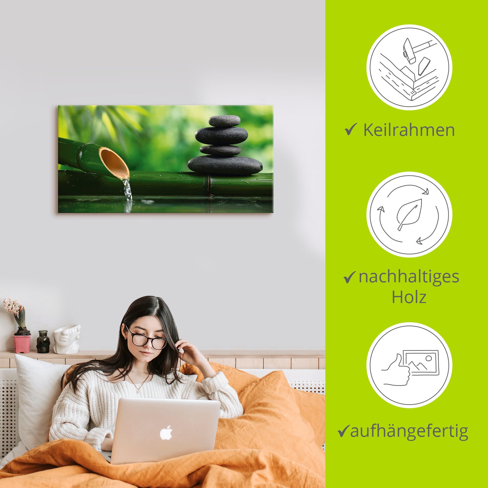 Artland Wandbild »Bambusbrunnen und Zen-Stein«, Zen, (1 St.), als Alubild, Outdoorbild, Leinwandbild, Poster, Wandaufkleber