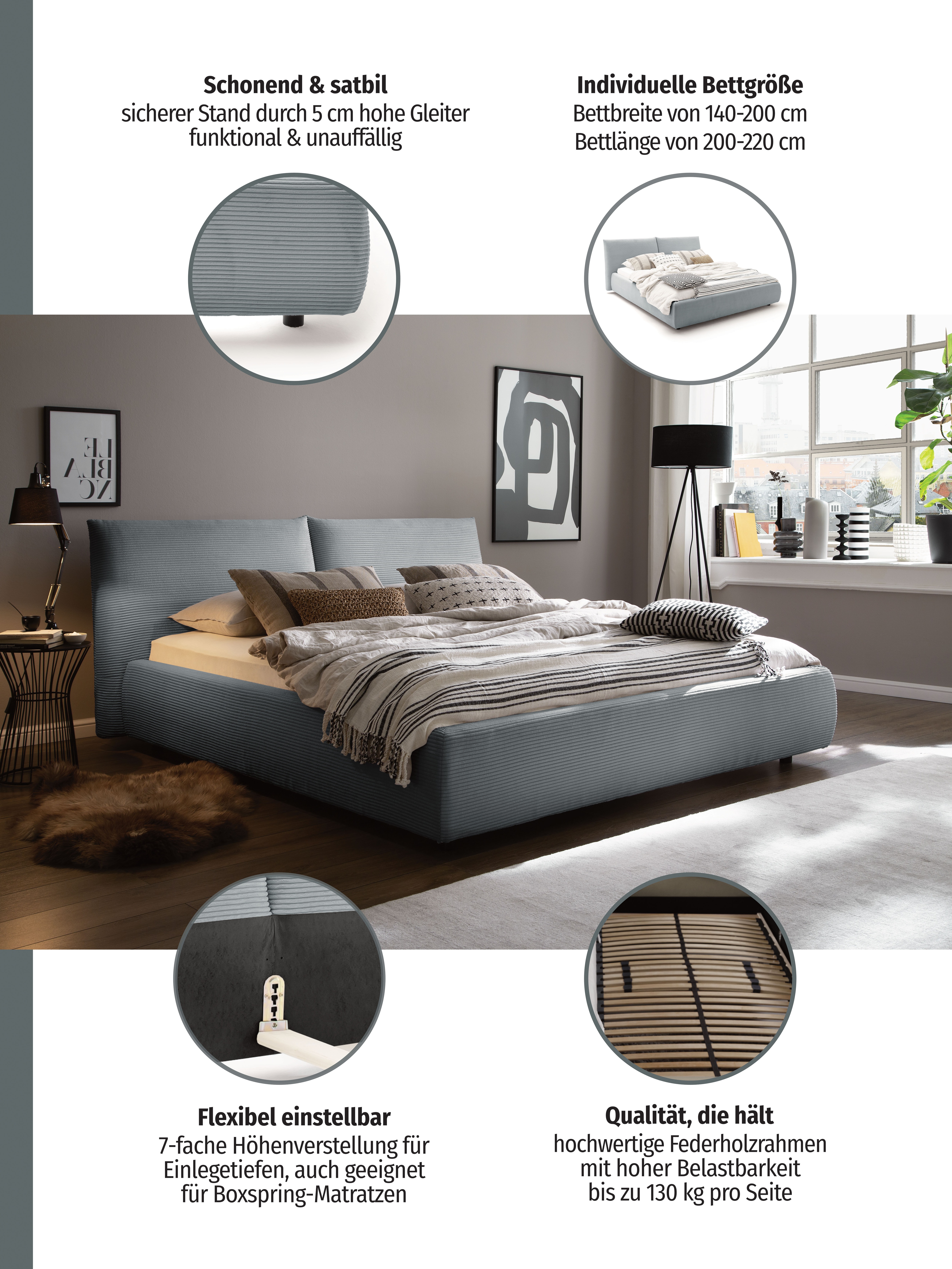 Thumbnail - Home affaire Polsterbett "Priora in 4 Breiten bis 200cm" auch in NaturLEDER, Cord, belastbar bis 280kg, auch Überlänge 2...