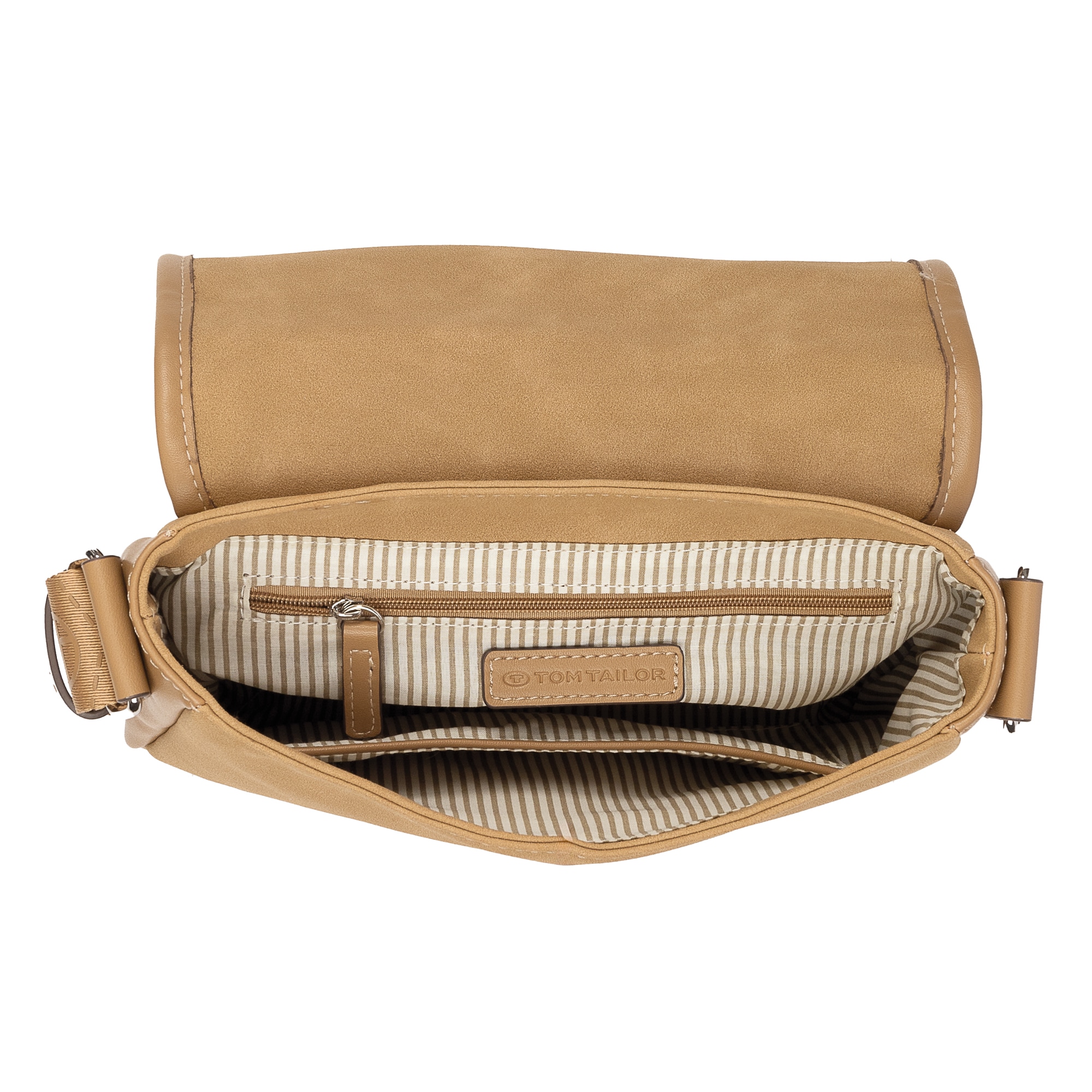 TOM TAILOR Satteltasche »Yara«, feines Nubukimtat mit Glattlederimitat sowie Gewebeband mit Logodruck