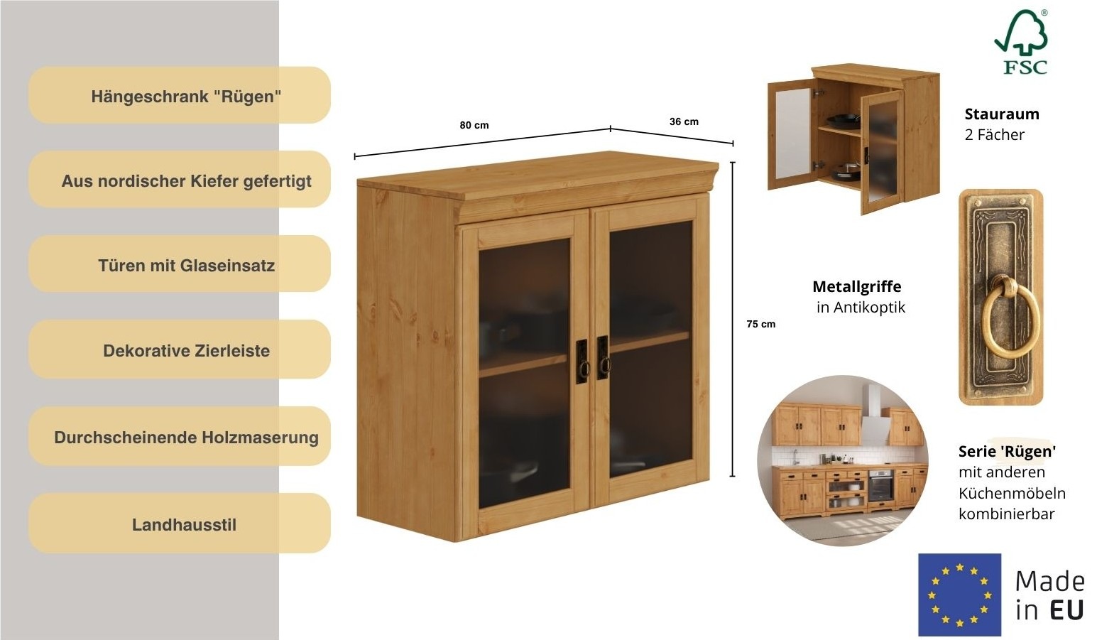 Home affaire Hängeschrank "Rügen", Breite 80 cm, FSC zertifiziertes Massivh günstig online kaufen