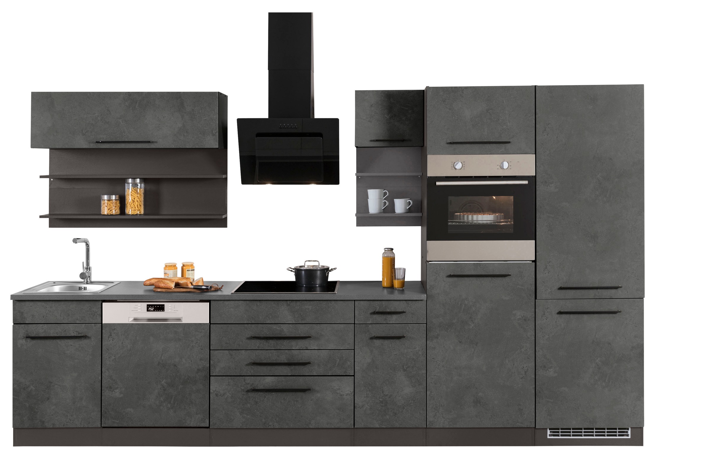 KOCHSTATION Küchenzeile »KS-Tulsa«, ohne E-Geräte, Breite 350 cm, schwarze Metallgriffe, MDF Fronten