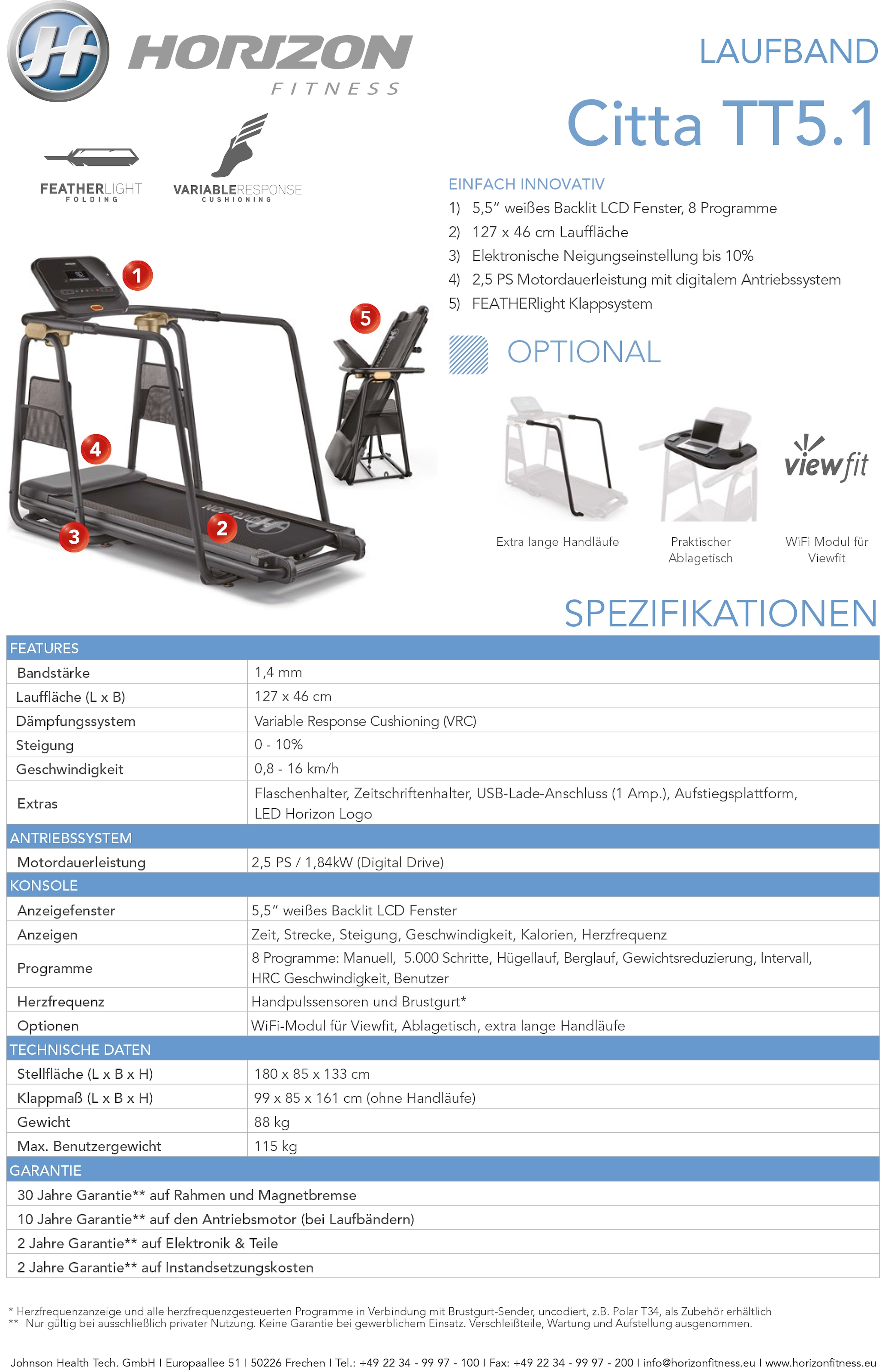 Horizon Fitness Laufband »Citta TT5.1«, (optionaler Ablagetisch), bis max. 16 km/h, klappbar