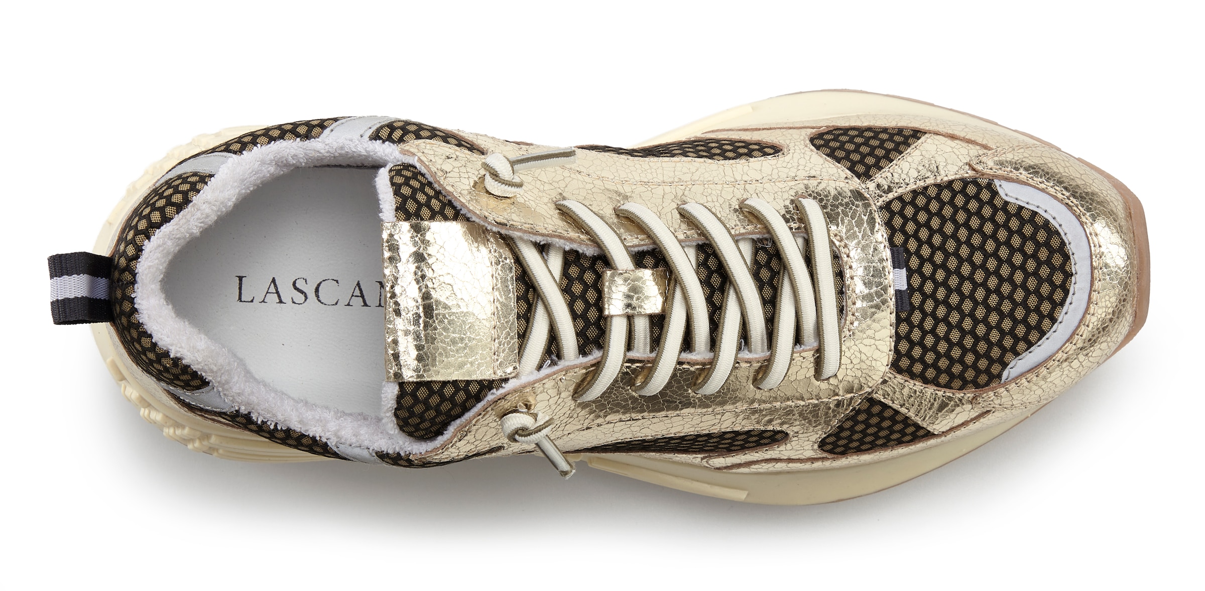 LASCANA Sneaker »Schnürhalbschuh, Freizeitschuh«, mit Lederanteil, Metallic-Look und elastischen Schnürbändern