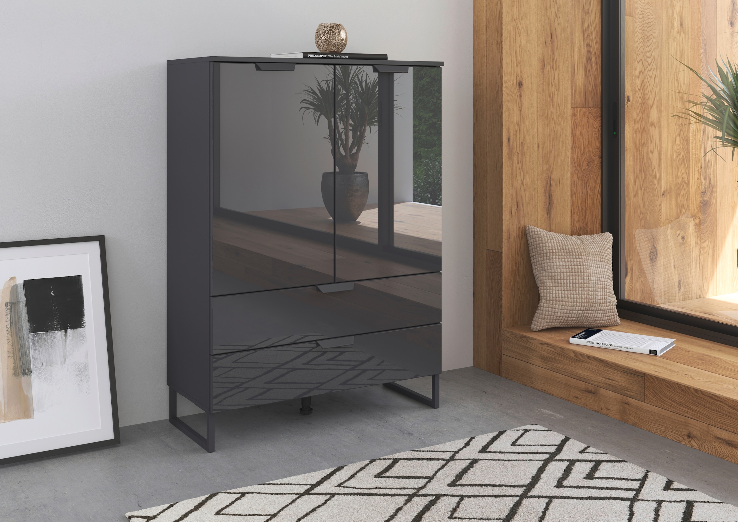 rauch Hochkommode »Modern by Aditio«, mit Glasfront und Kufenfuß, 2 Schubladen mit Softclose-Funktion
