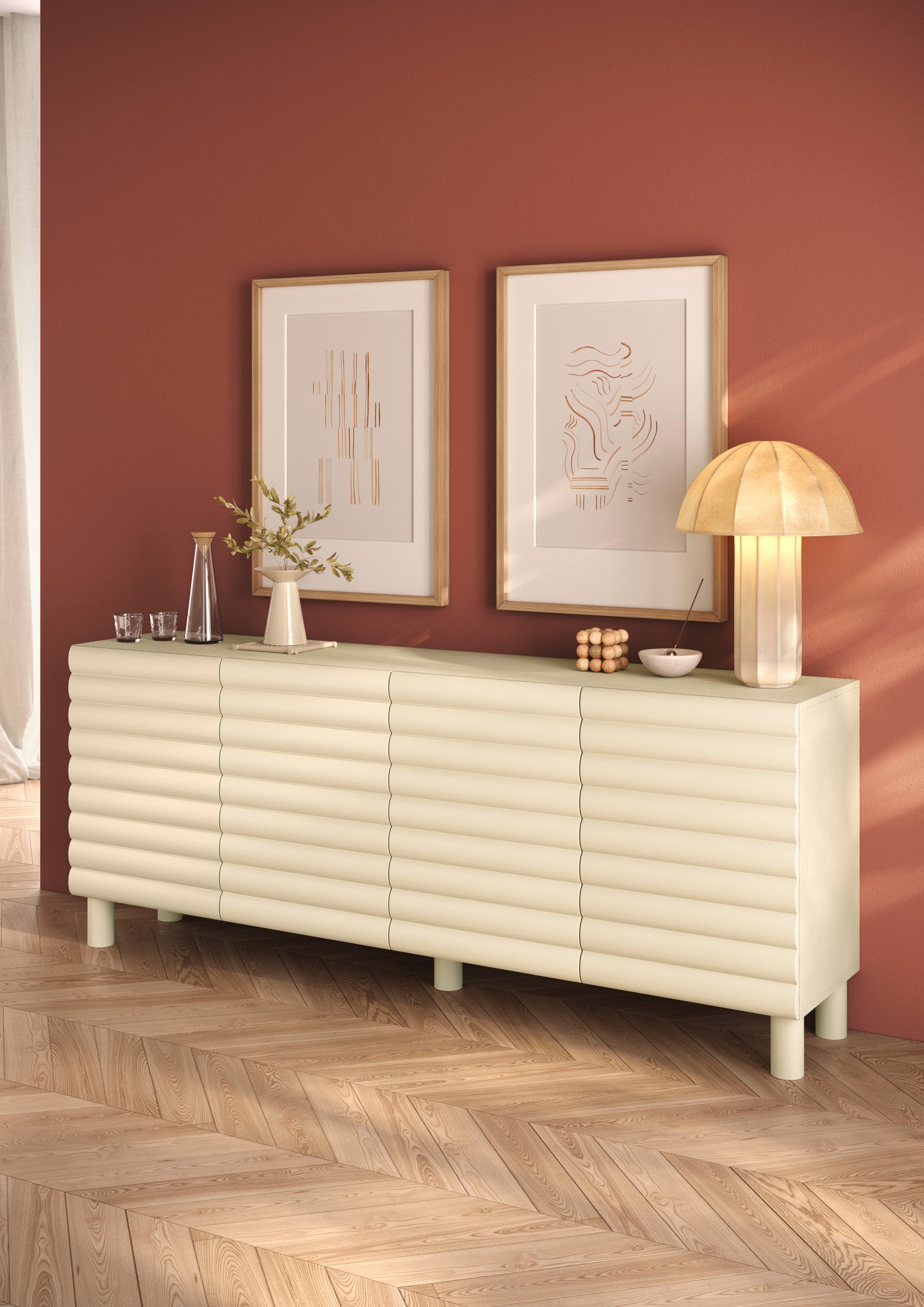 OTTO home Sideboard »Adria, 202 cm breit, 4 Türen, Anrichte, Kommode, Stauraumschrank« Korpus Talco Spatolato, MDF-Fronten in 3D-Design, viel Stauraum