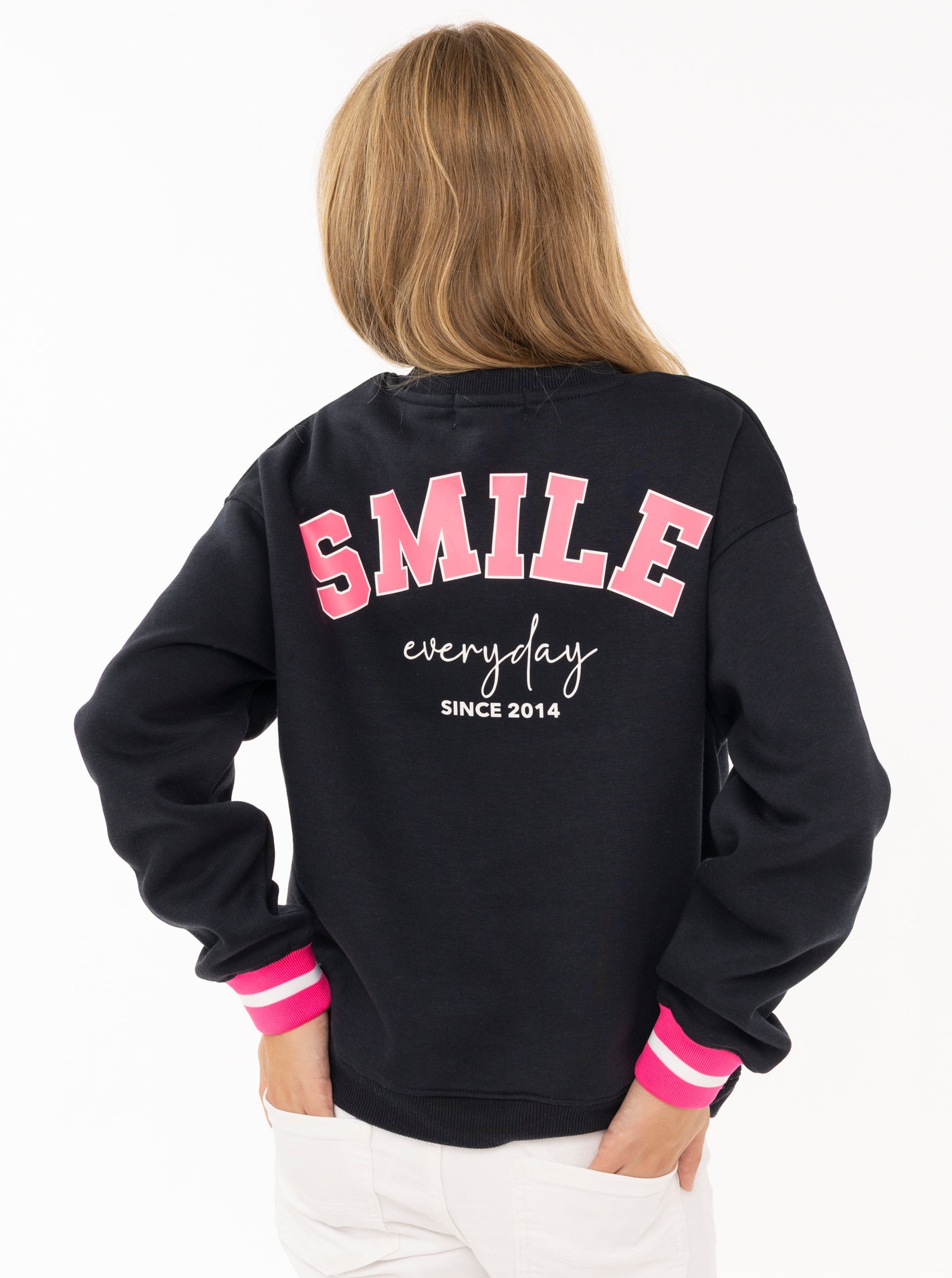Zwillingsherz Sweatshirt »"SMILE"«, gestreifte elastische Bündchen, SMILE Print vorne und hinten, Rundhals
