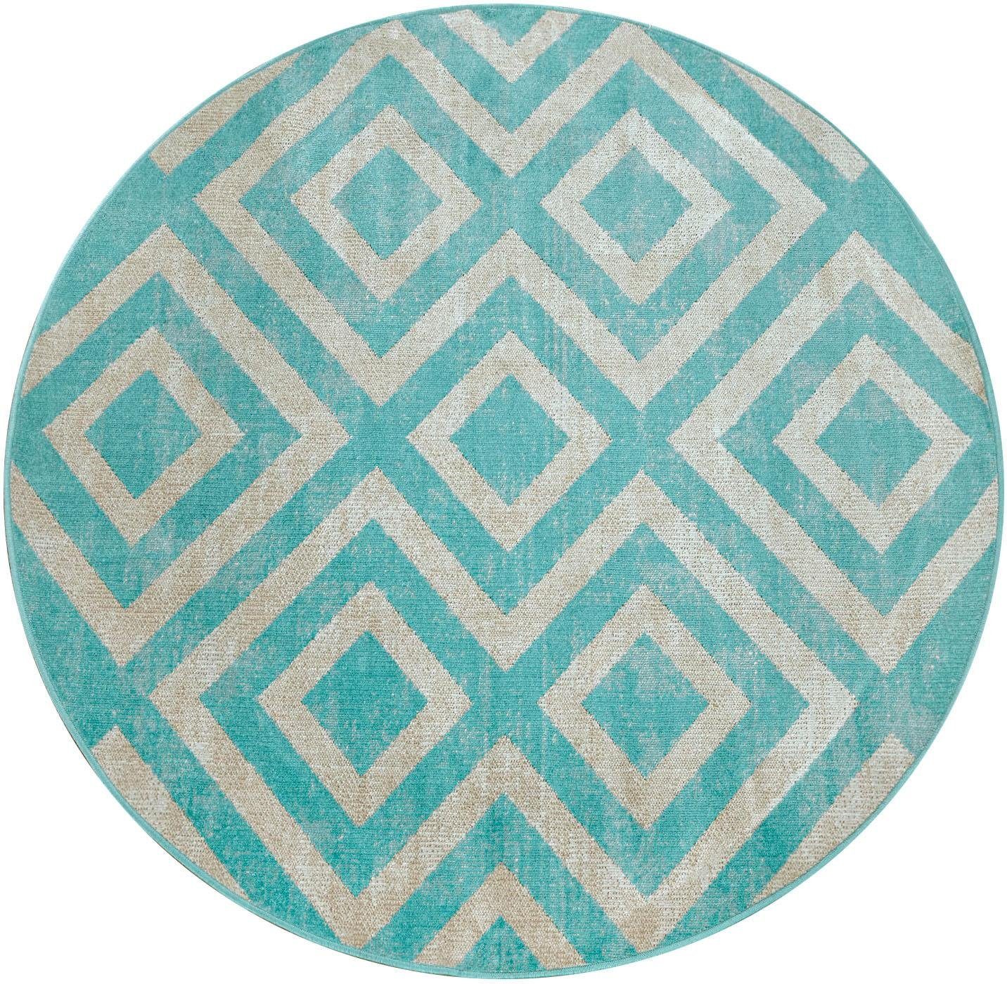 Paco Home Teppich "Poco 821" rund 6 mm Höhe Kurzflor, Rauten-Design, In- und Outdoor geeignet