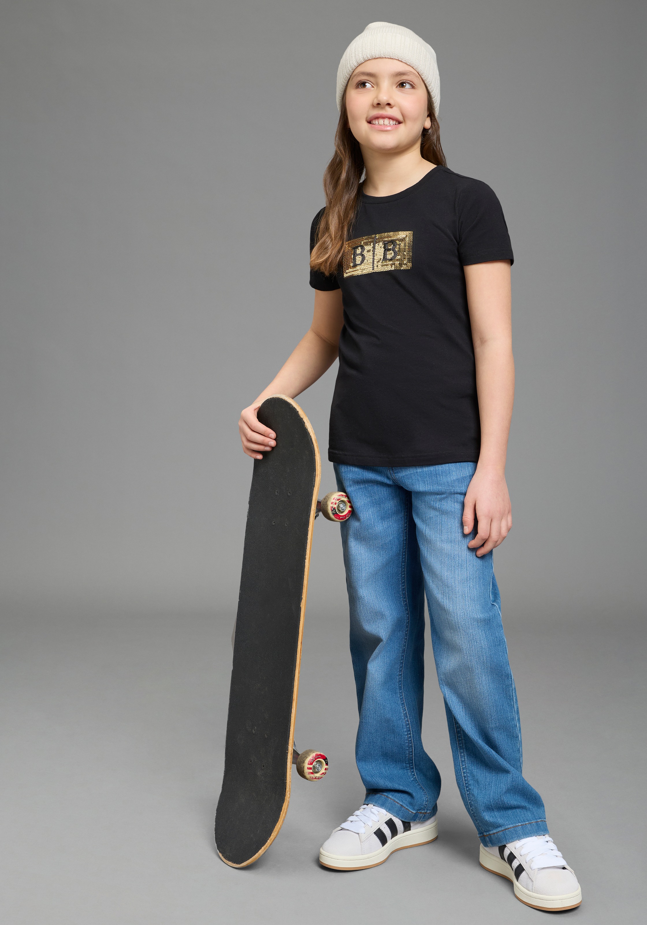 T-Shirt BRUNO BANANI "Banani Paillettenshirt für modische Girls", Mädchen, Gr. 128/134, schwarz, Single Jersey, Obermaterial: 95% Baumwolle, 5% Elasthan, bedruckt, unifarben, Basic, Rundhals, Shirts T-Shirt, modische Basic-Passform, Kurzarm, mit Paillette 3