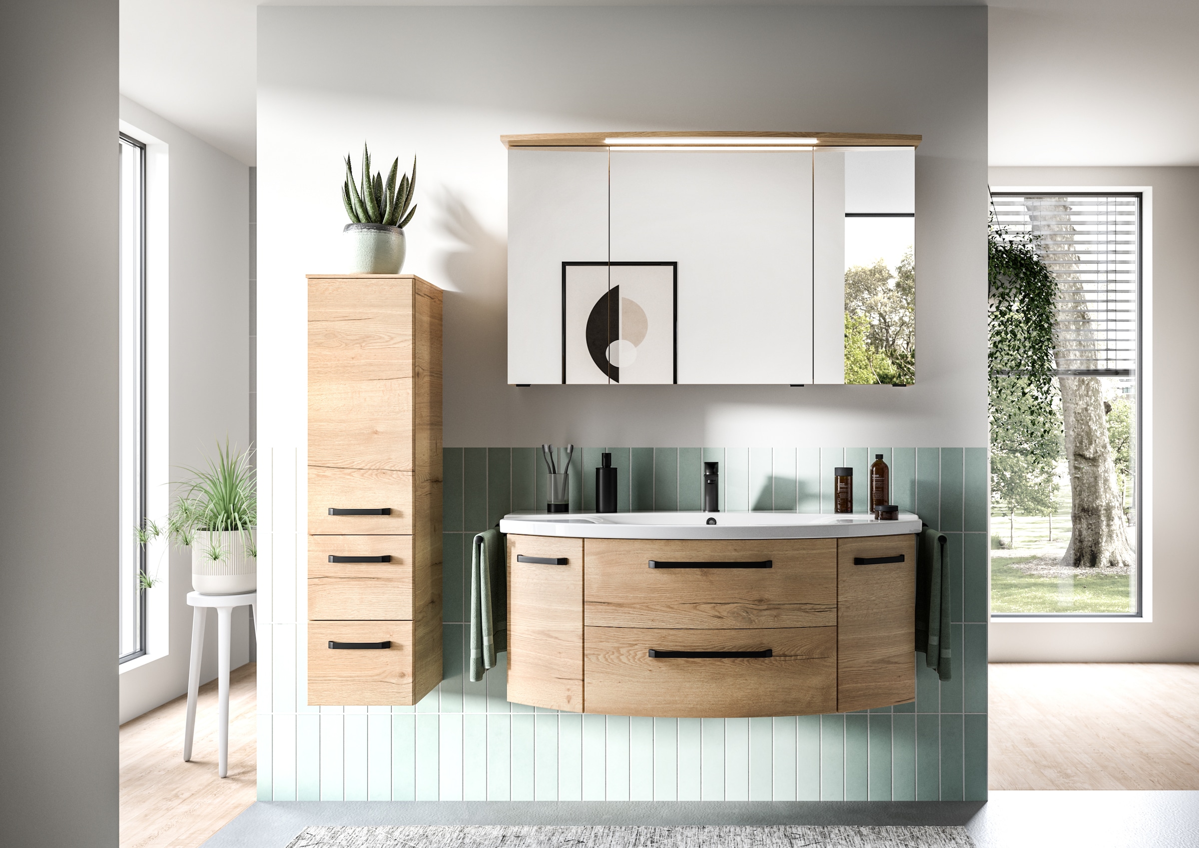 Saphir Badezimmerspiegelschrank »Serie 4010 Badezimmer-Spiegelschrank inkl. LED-Beleuchtung im Kranz«, Badschrank 122 cm breit, 3 Türen, 6 Glas-Einlegeböden, inkl Türdämpfer