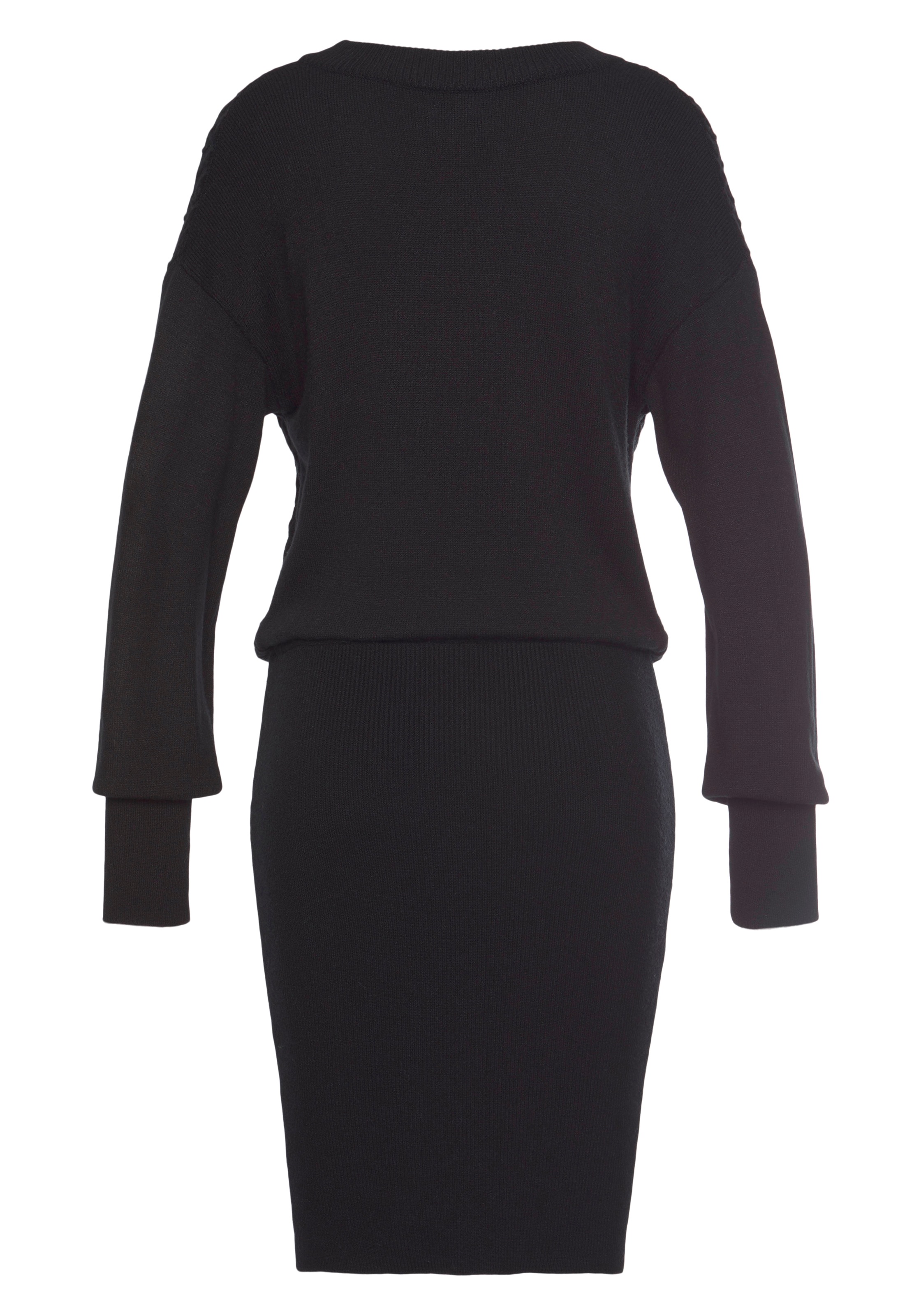 Strickkleid LASCANA, Damen, Gr. 34, N-Gr, schwarz, Strick, Obermaterial: 50% Viskose, 28% Polyester, 22% Polyamid, unifarben, figurbetont kniefrei, hoch geschlossener Ausschnitt, Rippstrickbündchen, Kleider Strickkleid, mit Zopfmuster, elegantes Herbst- W 3
