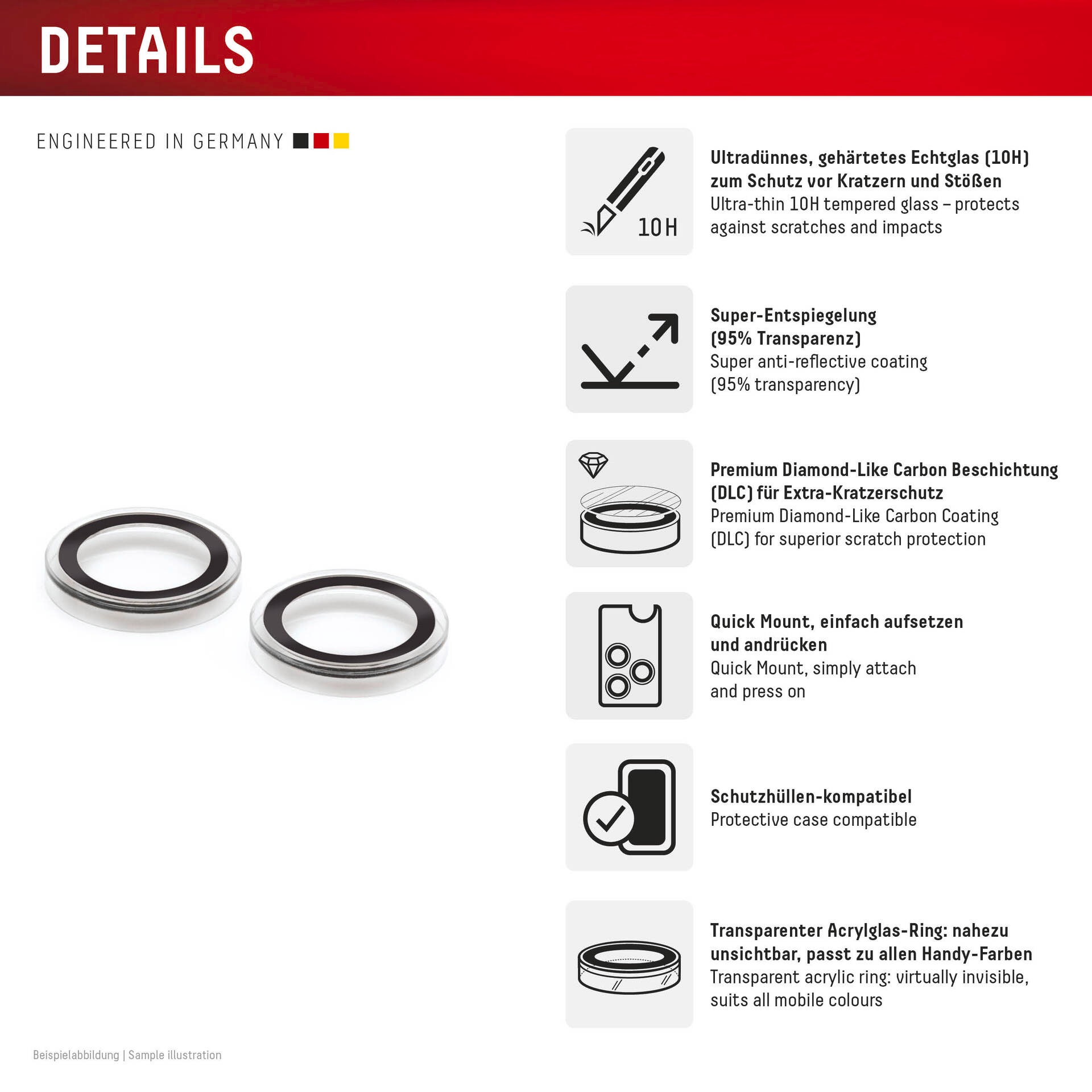 Displex Kameraschutzglas »Camera Lens Glass Single Glass Ring Protector«, für Apple iPhone 16-Apple iPhone 16 Plus, (Packung, 2x Einzellinsen-Schutzringe), Objektivschutz, Kameraschutz, kratz- & stoßfest