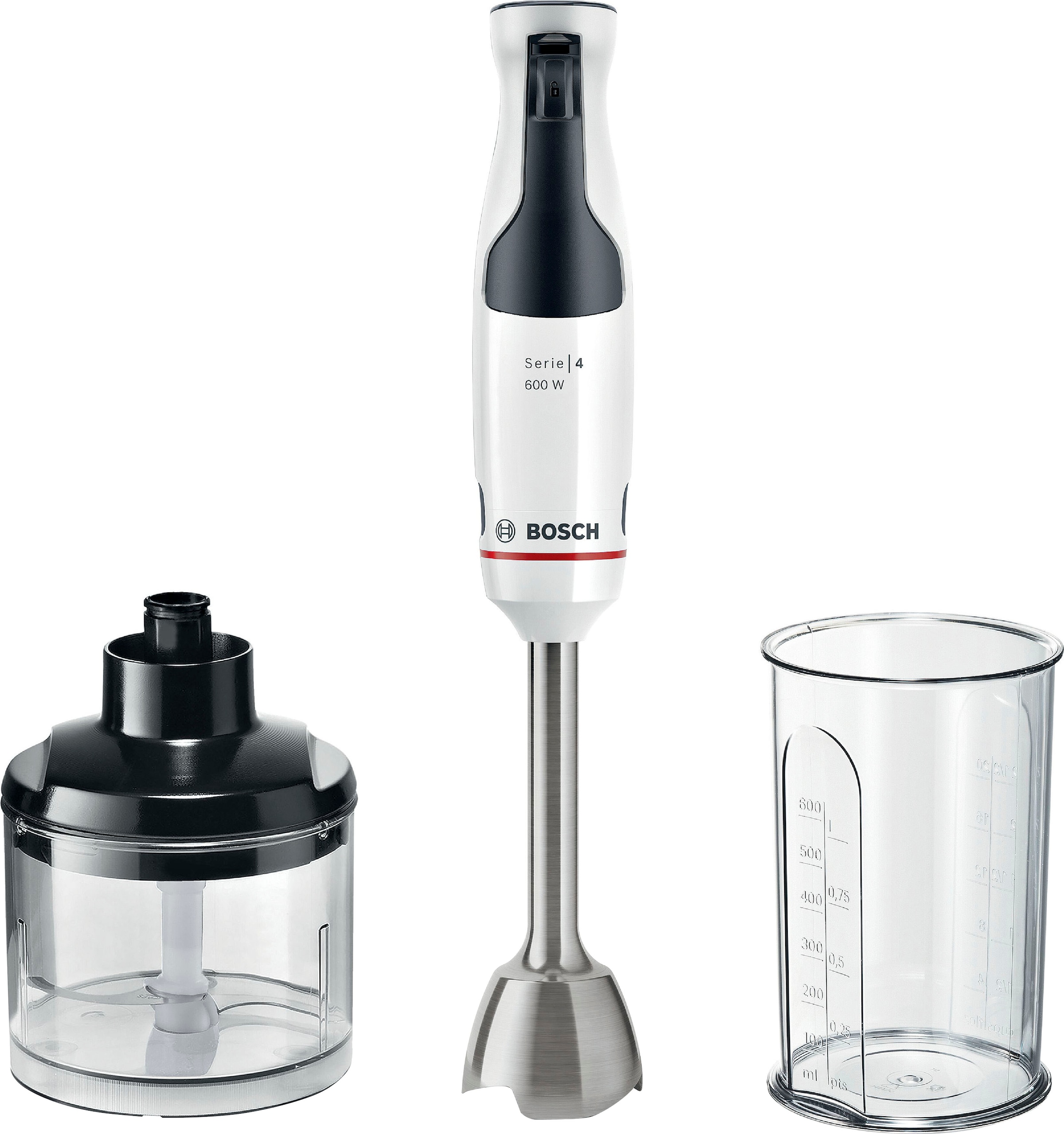 BOSCH Stabmixer "ErgoMaster Serie 4 MSM4W220, 4 Klingen, Zerkleinerer, Becher, weiß", B:5,7cm H:38,5cm T:7,8cm, weiß, Mixer, Mixfuß Edelstahl, großer