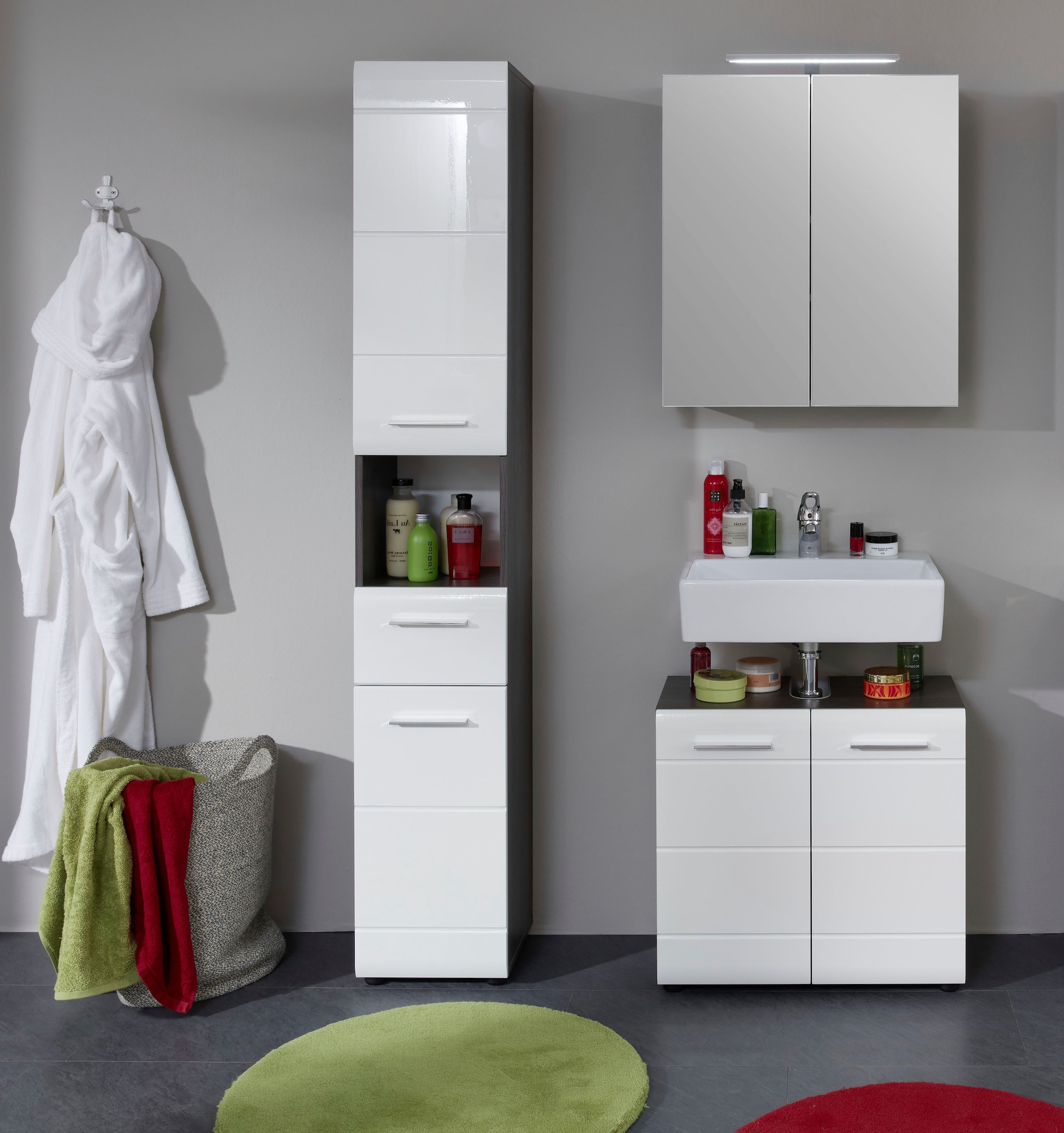 trendteam Badmöbel-Set »Skin«, (Set, 3 | und bestellen mit BAUR St.), Waschbeckenunterschrank Hochschrank LED-Beleuchtung