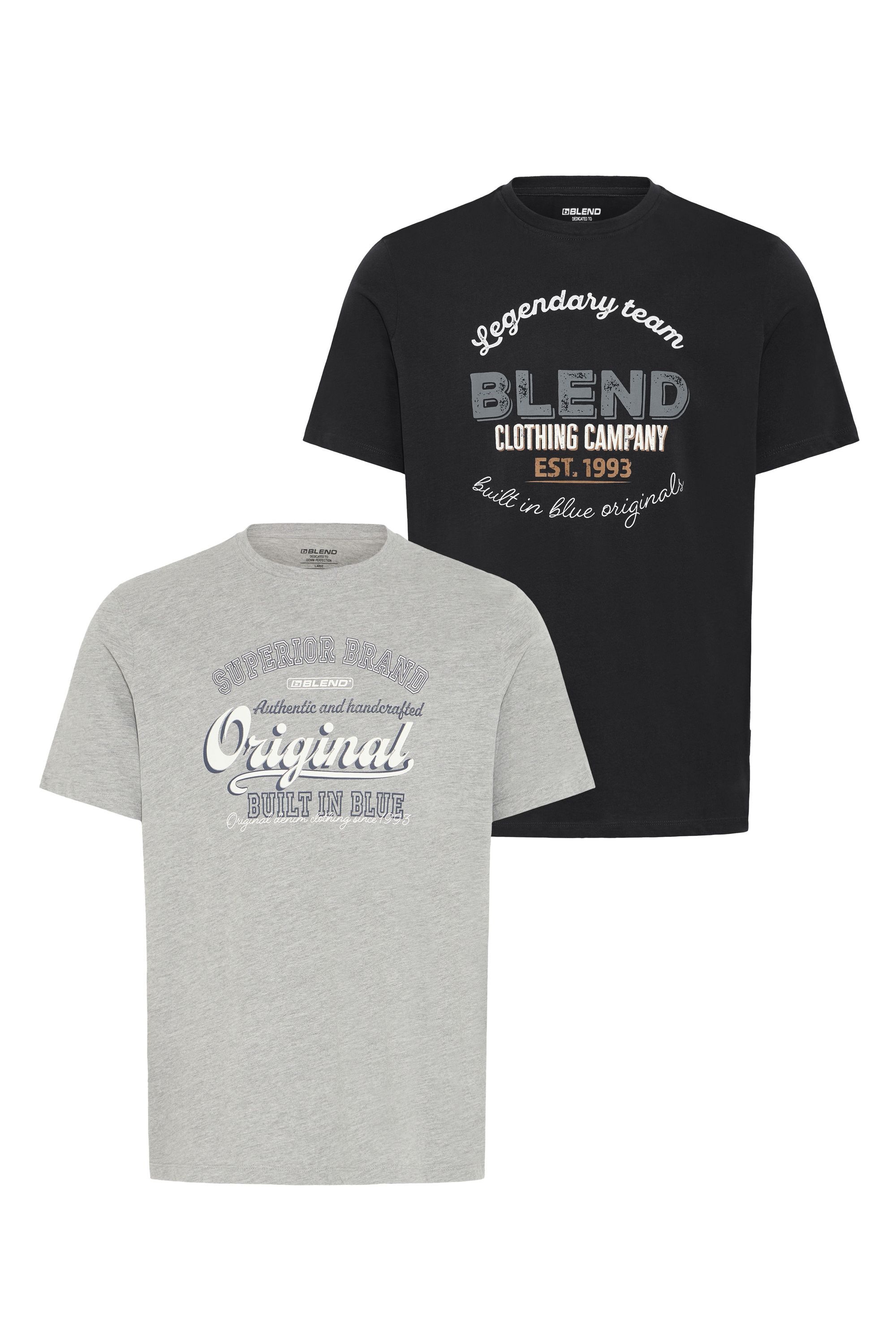 Rundhalsshirt BLEND "Rundhalsshirt BHBenop 2 Pack", Herren, Gr. S, schwarz (schwarz, stone mix), Obermaterial: 100% Baumwolle CO., Shirts Rundhalsshirt